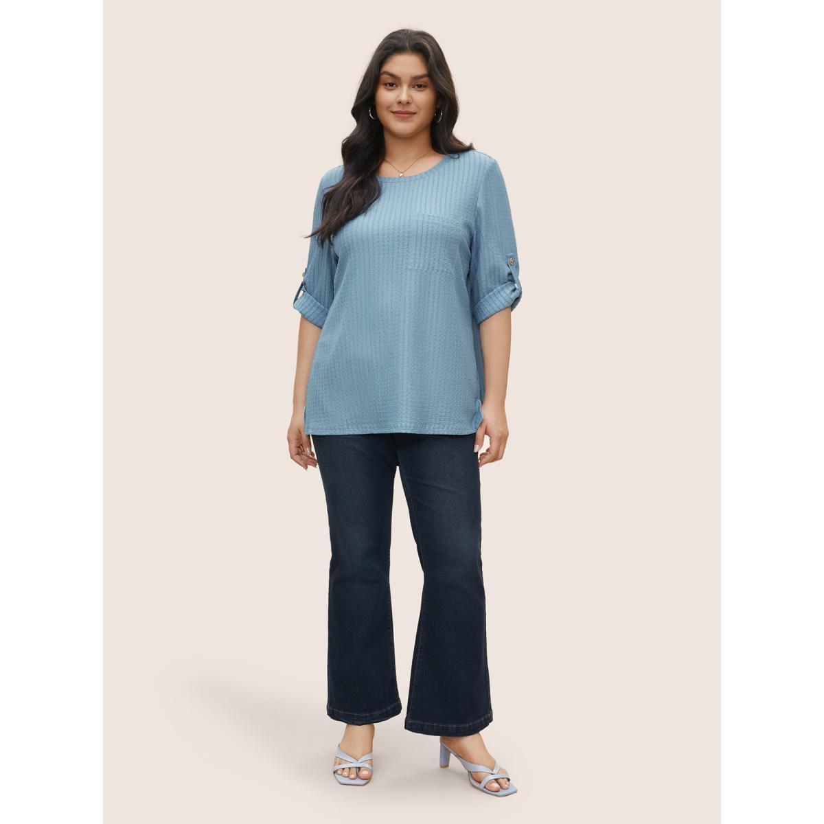 Plus Size Plain Textured Patched Pocket Tab Sleeve T-shirt Stone Women Casual Non Plain Round Neck Everyday T-shirts BloomChic 18-20/2X Product Image