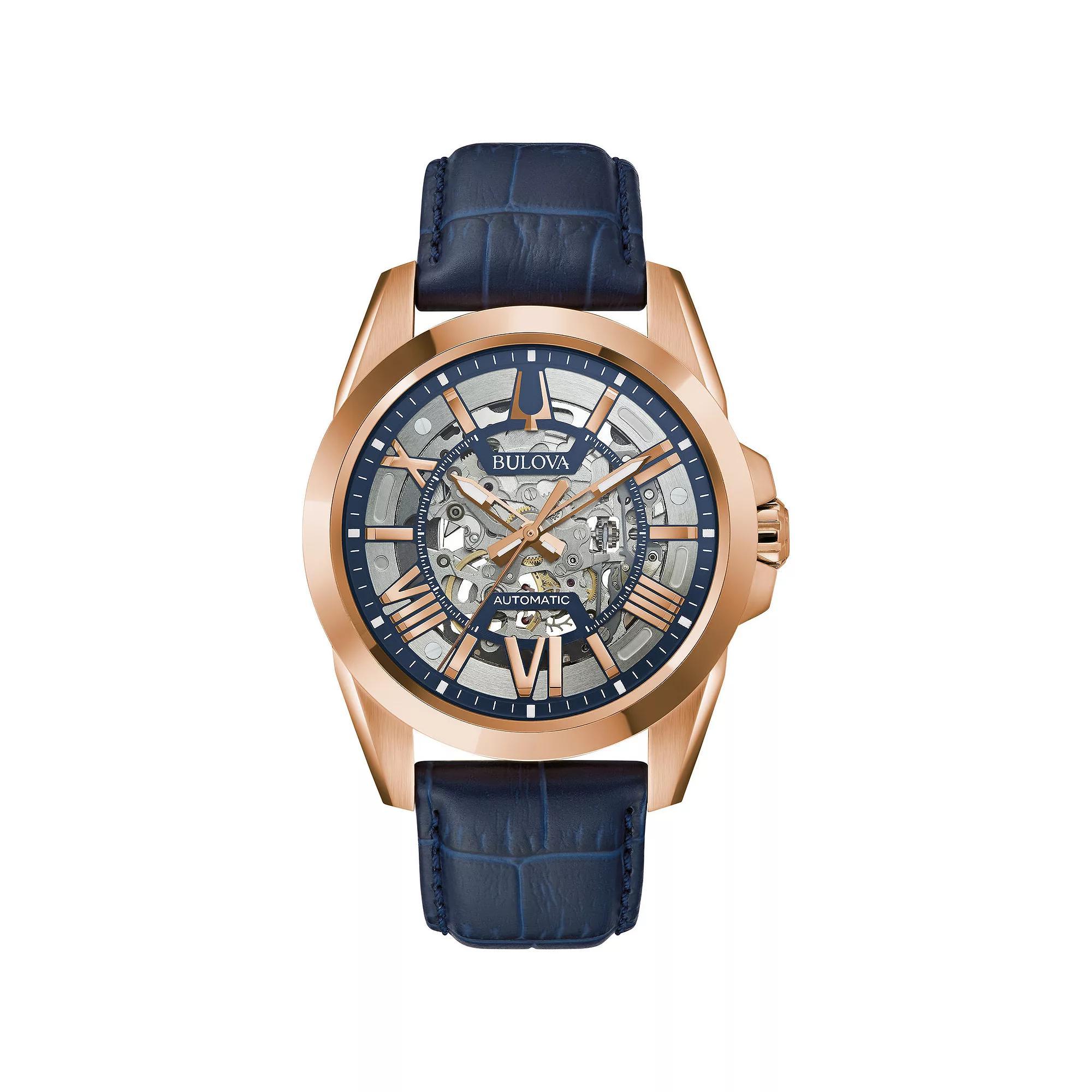 Men's Bulova Blue Leather Strap Automatic Skeleton Watch - 97A161, Size: Large Product Image