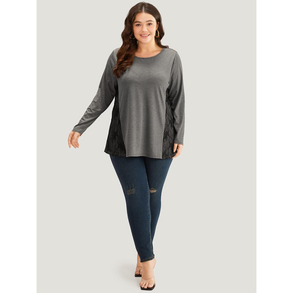 Plus Size Crochet Lace Crew Neck Patchwork T-shirt Gray Women Elegant Contrast Plain Round Neck Everyday T-shirts BloomChic 12/L Product Image