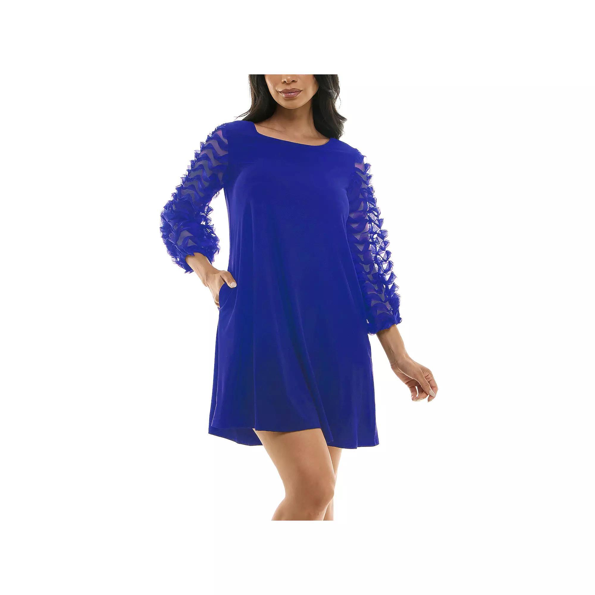 Womens Nina Leonard Mesh Balloon Sleeve Trapeze Dress Deep Blue Product Image
