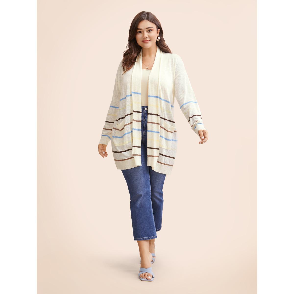 Plus Size Contrast Striped Pocket Open Front Cardigan Beige Women Casual Loose Three Quater Length Sleeve Everyday Cardigans BloomChic 28/5X Product Image