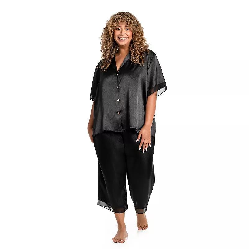 Plus Size Lilac+London Satin Short Sleeve Notchneck Pajama Top & Cropped Pajama Pants, Womens Teal Green Product Image