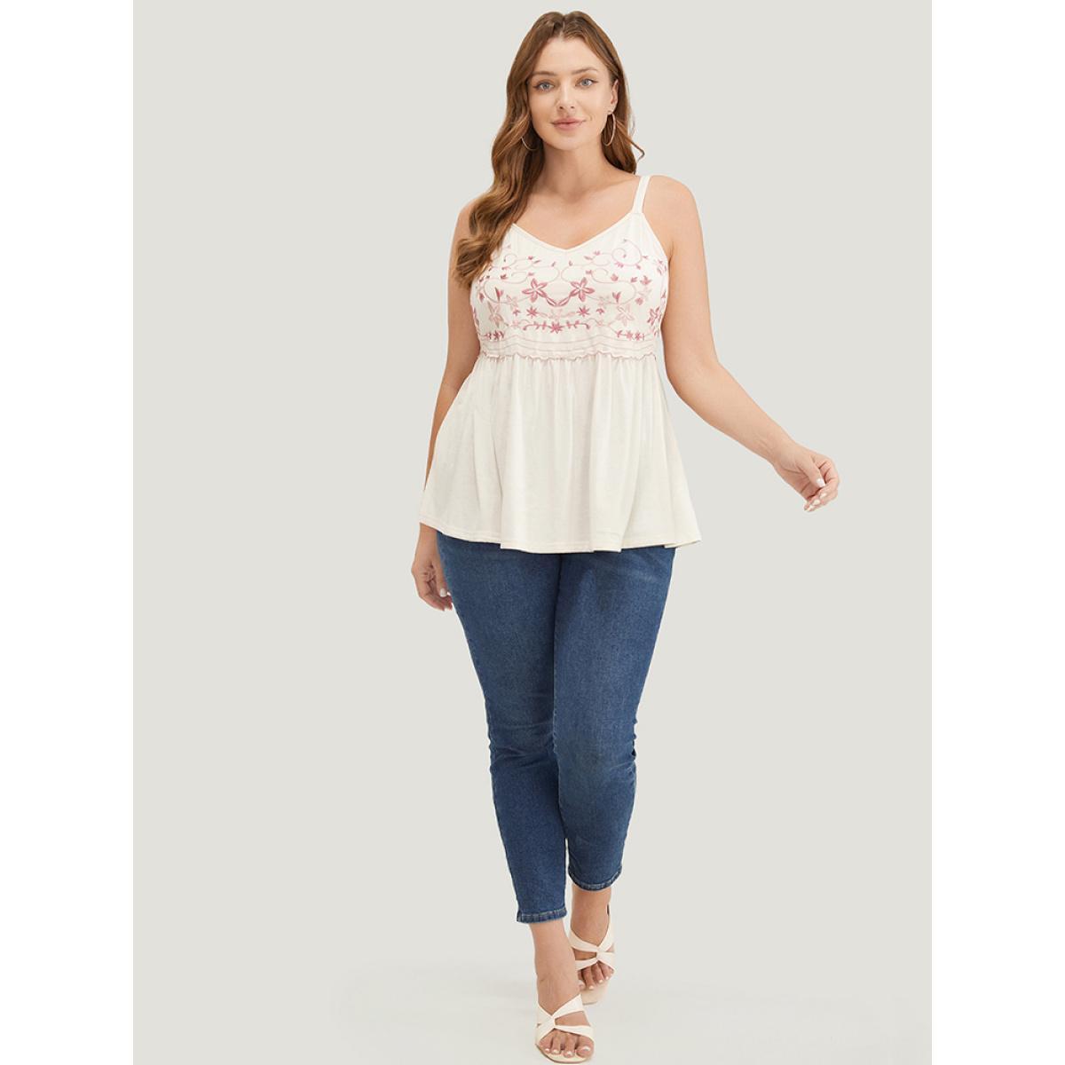 Plus Size Floral Embroidered Ruffle Hem Cami Top Women Beige Elegant Gathered V-neck Vacation Tank Tops Camis BloomChic 18-20/2X Product Image