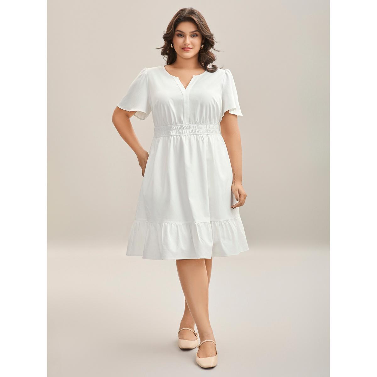 Plus Size Woven Shirred Waist Split Neck Midi Dress Originalwhite Women Flat collar with V-notch Short sleeve Curvy BloomChic 12/L Product Image
