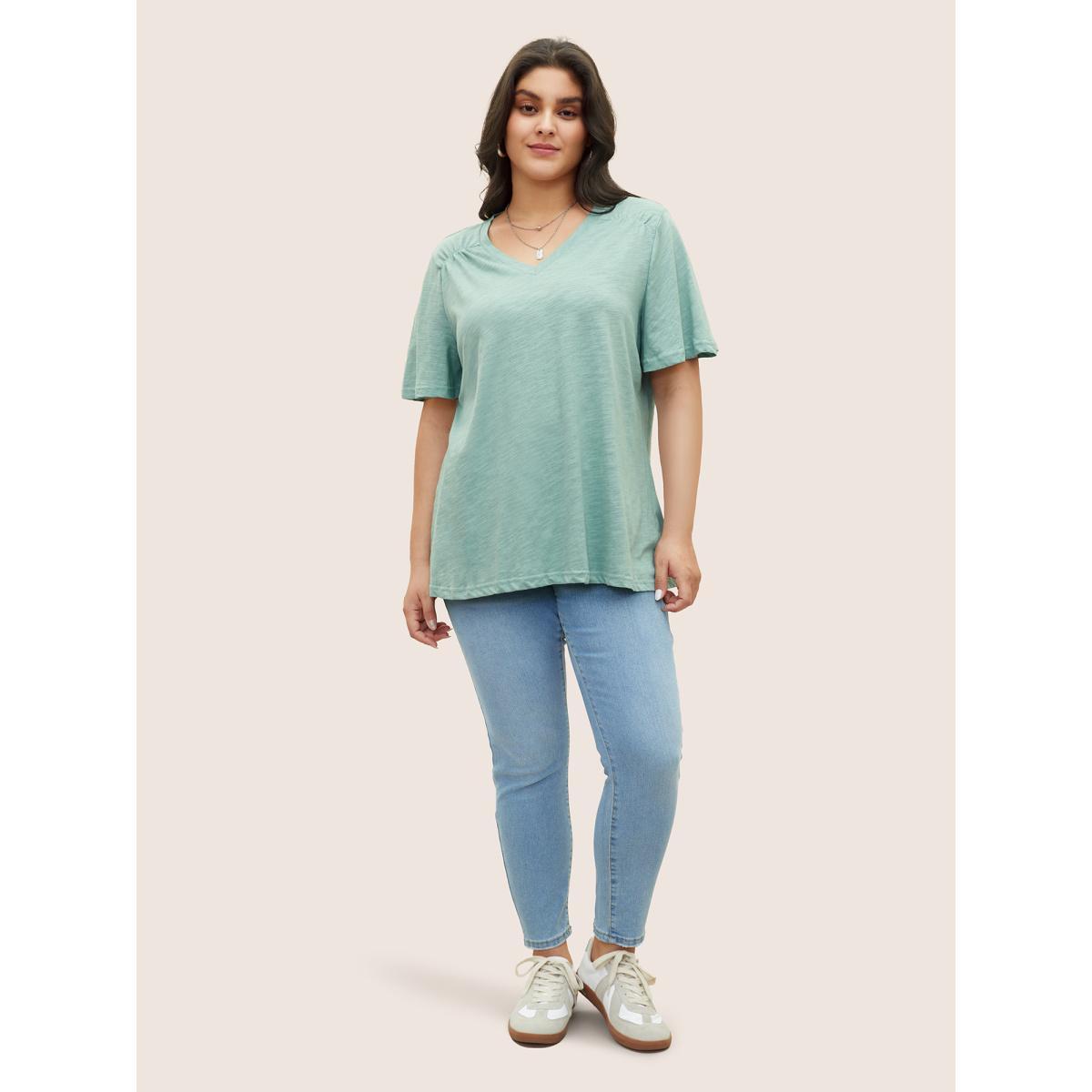 Plus Size Plain Ruffle Sleeve Heather V Neck T-shirt Mint Women Casual Plain V-neck Everyday T-shirts BloomChic 22-24/3X Product Image