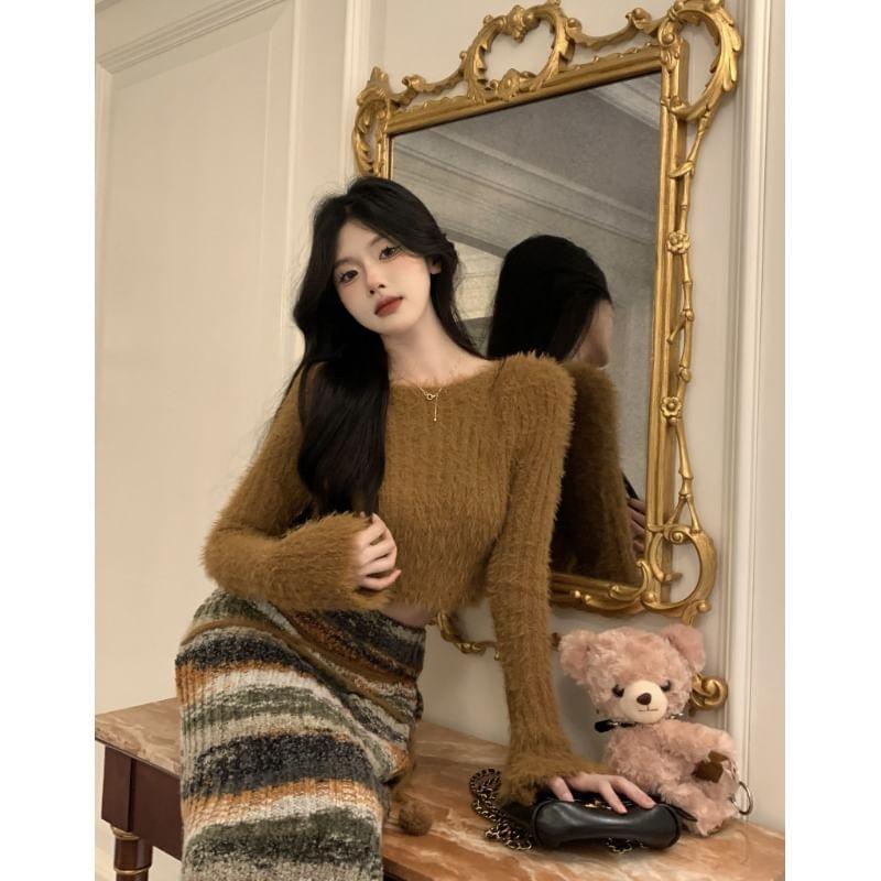 Long-Sleeve Crew Neck Plain Fluffy Crop Knit Top / High Rise Color Block Midi Pencil Skirt Product Image