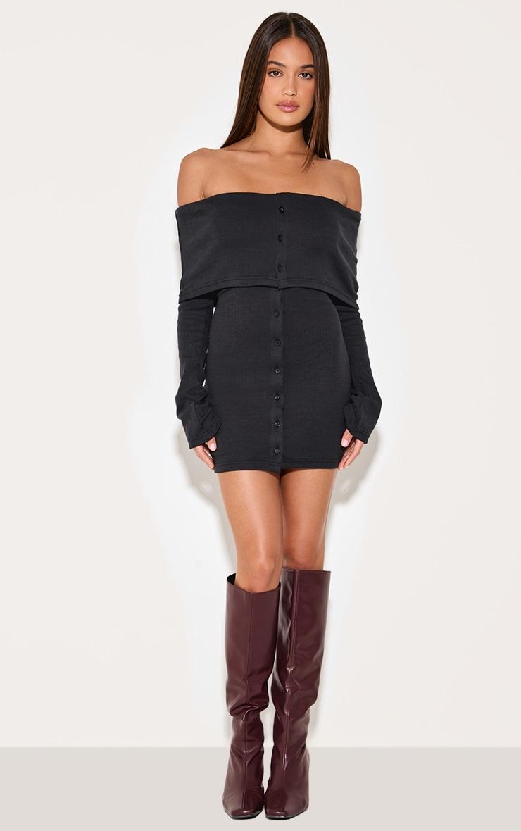  Black Rib Fold Over Bardot Button Mini Dress Product Image