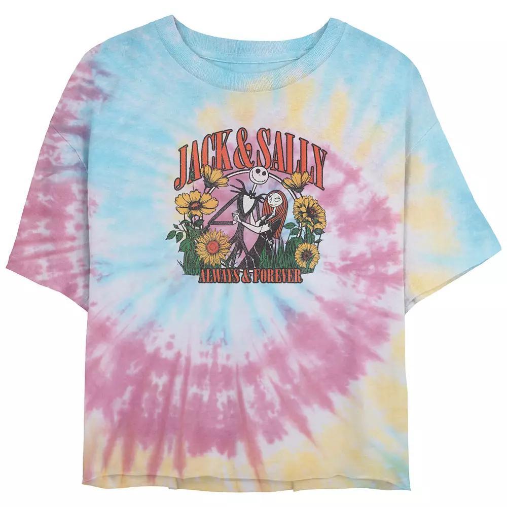 Disney's The Nightmare Before Christmas Jack And Sally Always And Forever Crop Top Tie Dye Juniors' Graphic Tee, Women's, Size: Large, Blue Pink Light Yellow Product Image
