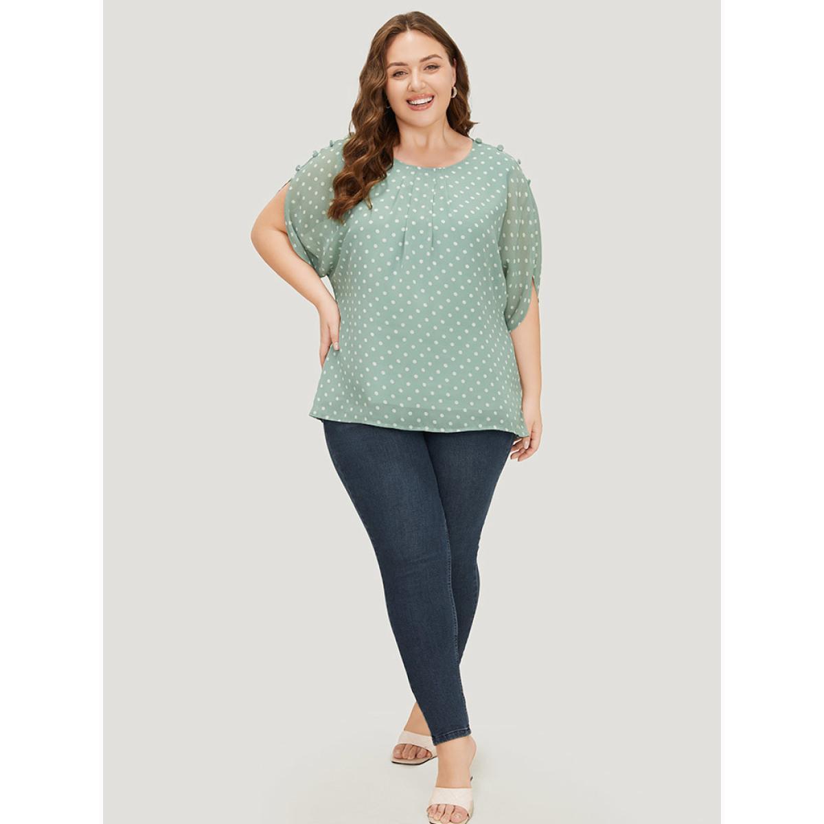 Plus Size Mint Polka Dot Pleated Button Detail Split Sleeve Blouse Women Elegant Half Sleeve Round Neck Dailywear Blouses BloomChic 28/5X Product Image