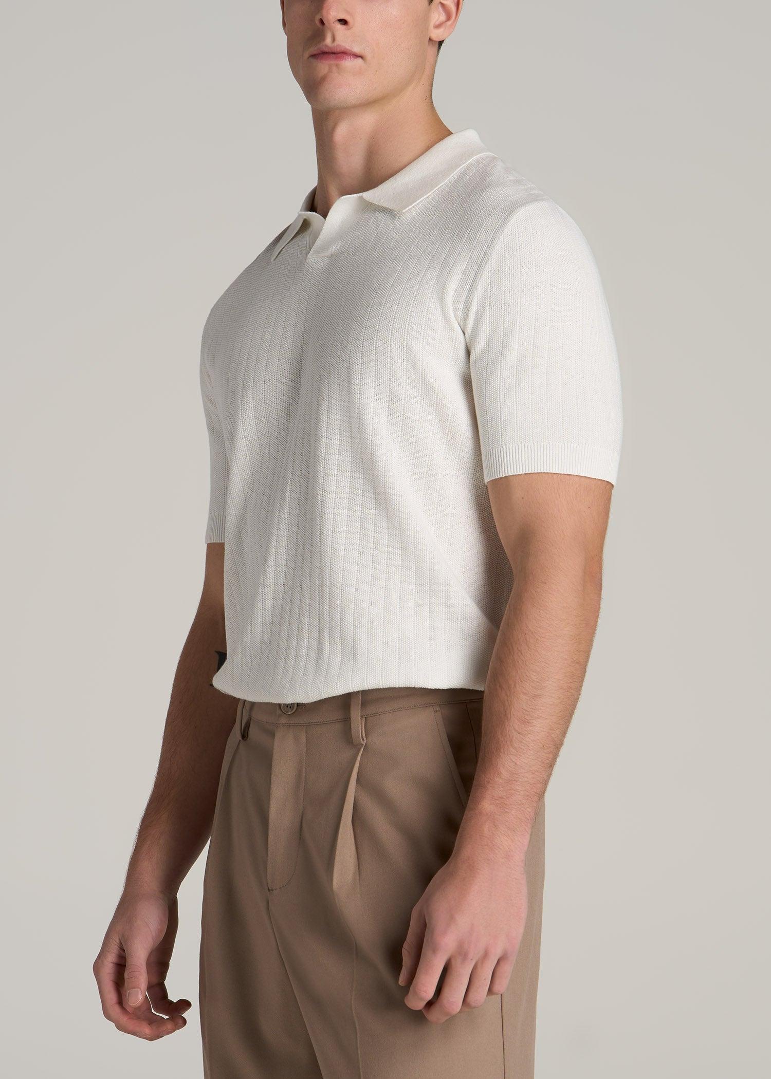 Linen Blend Ribbed Knit Polo Shirt for Tall Men in Evening Blue Product Image