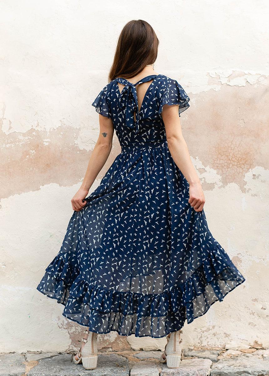 Mia Dress in Navy Bird Print Female Product Image