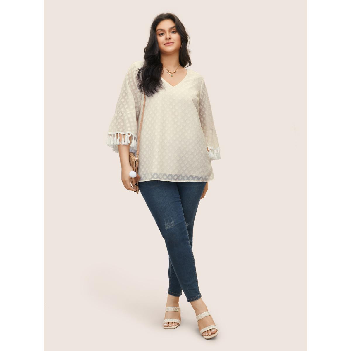 Plus Size Ivory V Neck Jacquard Mesh Tassel Trim Blouse Women Resort Elbow-length sleeve V-neck Vacation Blouses BloomChic 18-20/2X Product Image