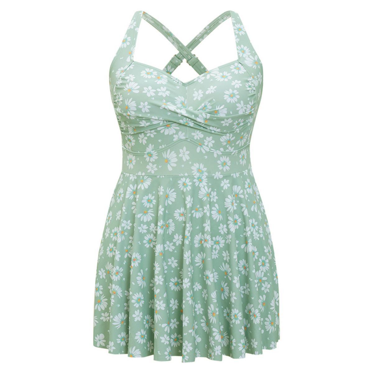 Plus Size Daisy Floral Crossover Flutter Empire Waist Swim Dress Women's Swimwear LightGreen Vacation Bodycon Asymmetrical Neck High stretch Curve Swim Dresses BloomChic 18-20/2X Product Image