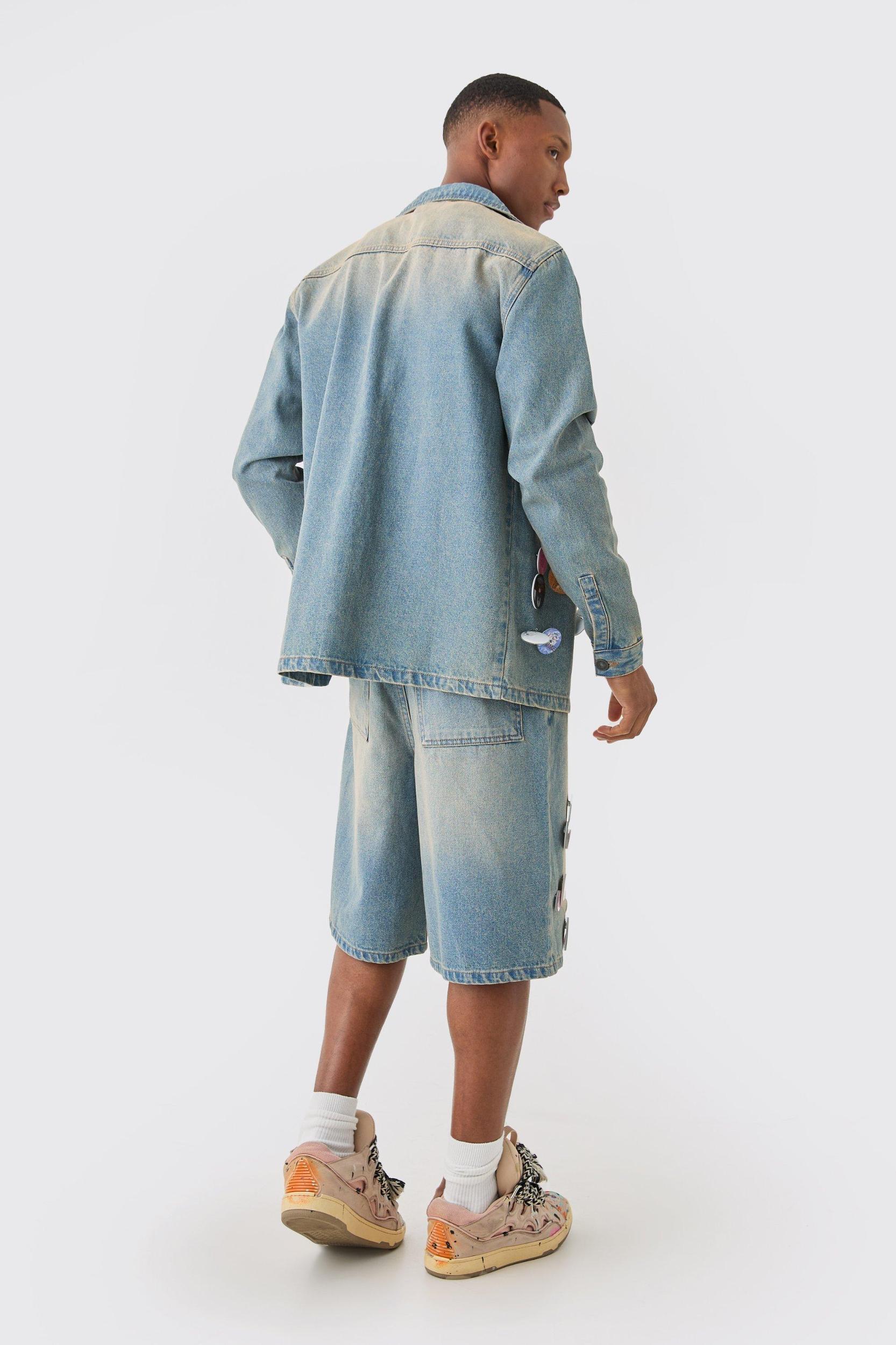 Badge Detail Antique Blue Revere Collar Denim Shirt Jacket | boohooMAN USA Product Image