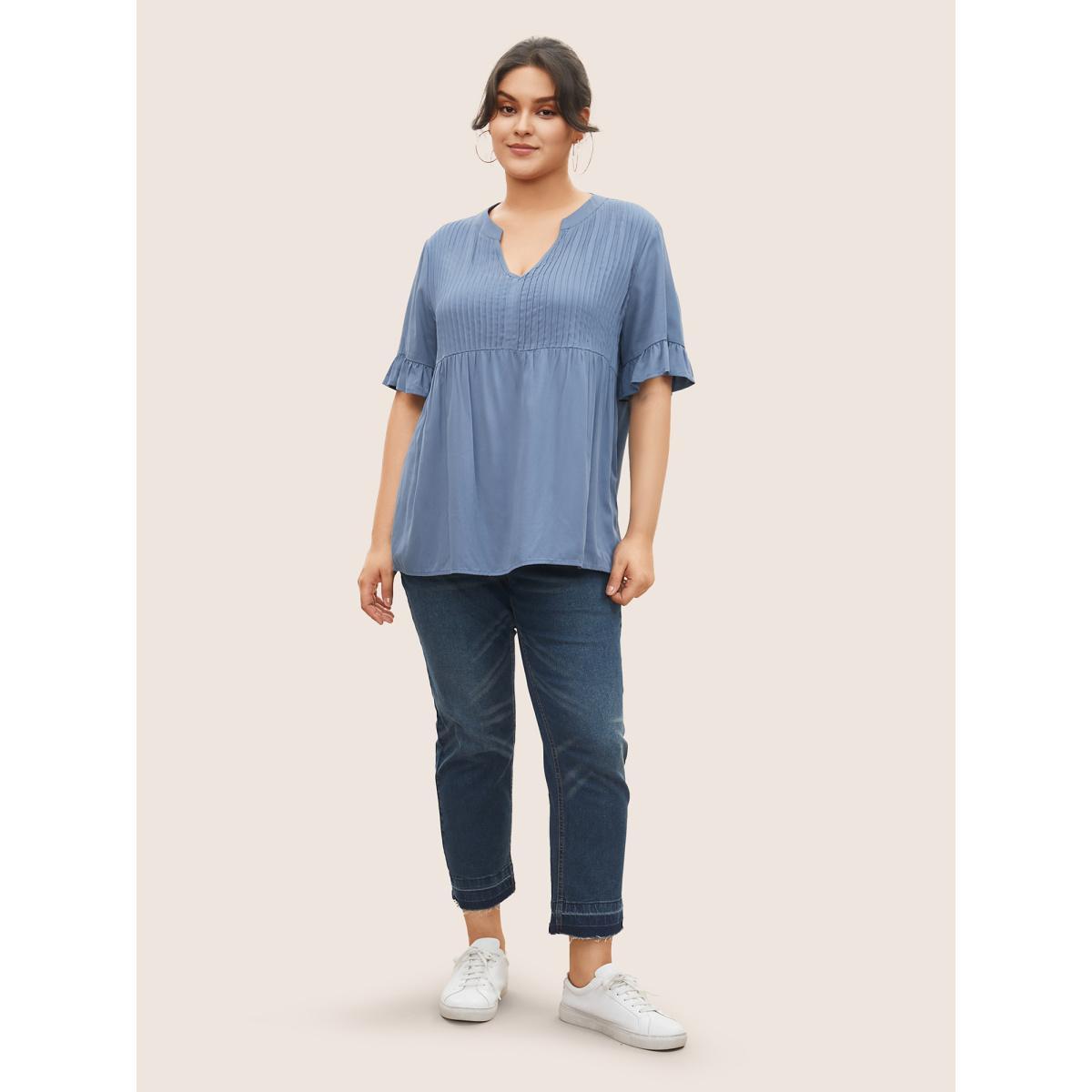 Plus Size Stone Rayon Solid Pleated Patchwork Ruffles Blouse Women Casual Half Sleeve Flat collar Everyday Blouses BloomChic 28/5X Product Image