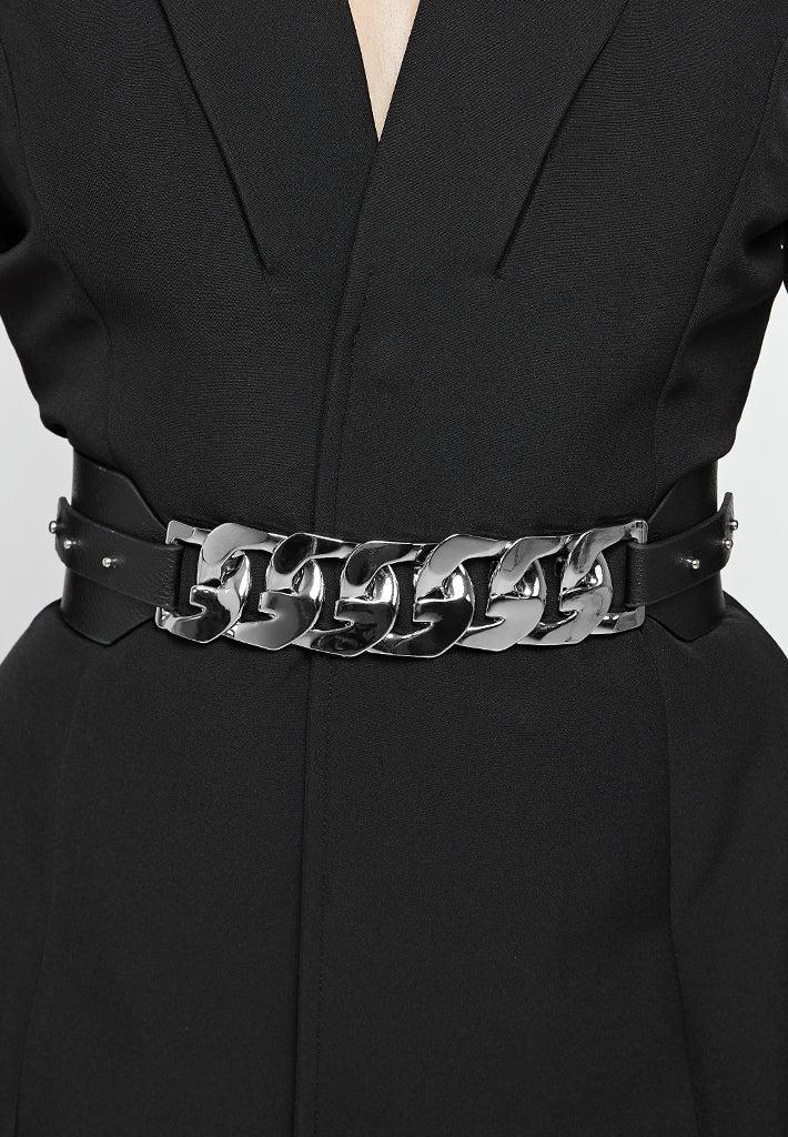 Chain Belted Blazer Dress - Black Female Product Image