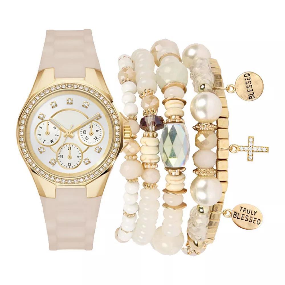 Jessica Carlyle Beige Silicone 35 mm Analog Watch & Bracelet Set, Womens, Silver Product Image