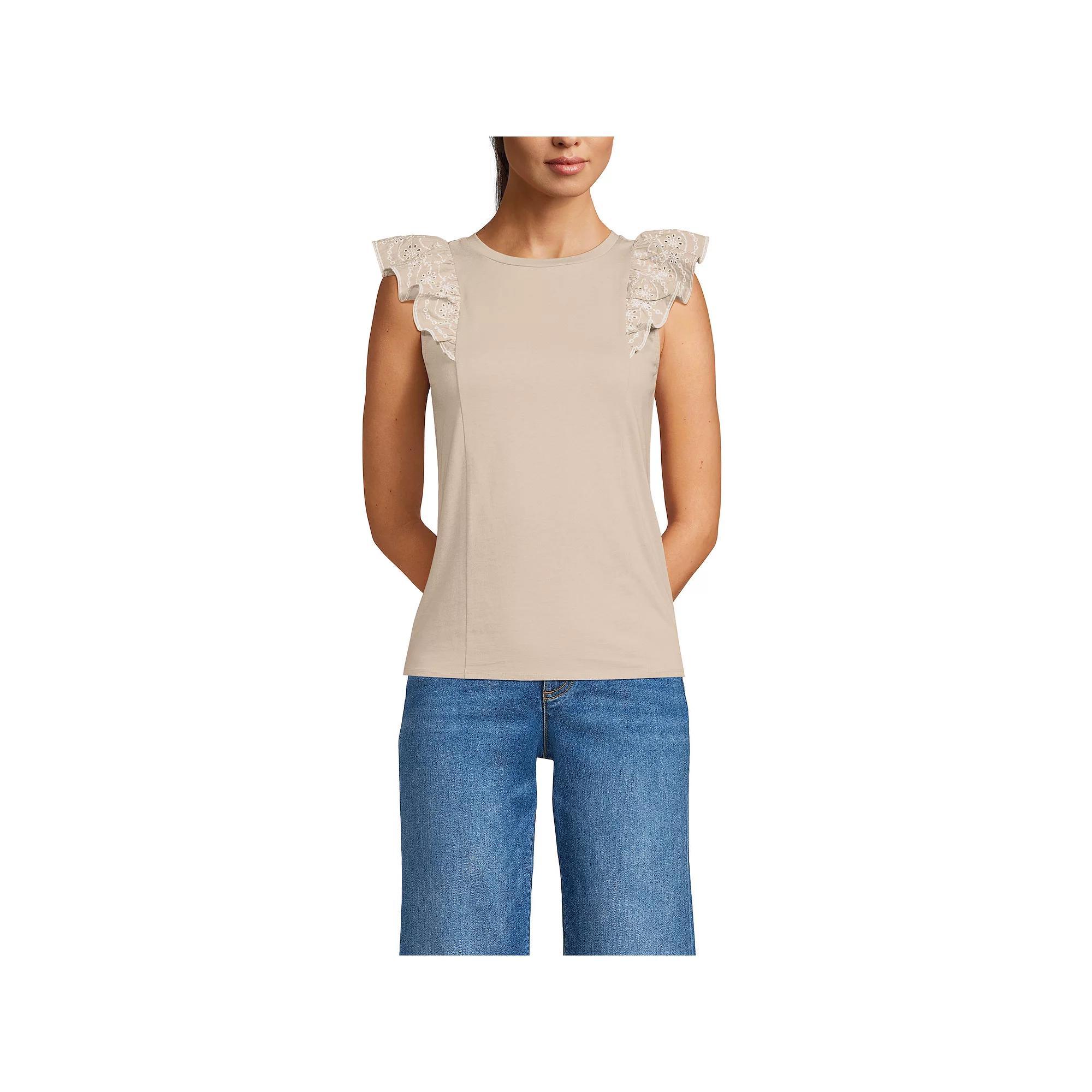 Women's Lands' End Embroidered Ruffle Tank Top, Size: XL, Black Product Image