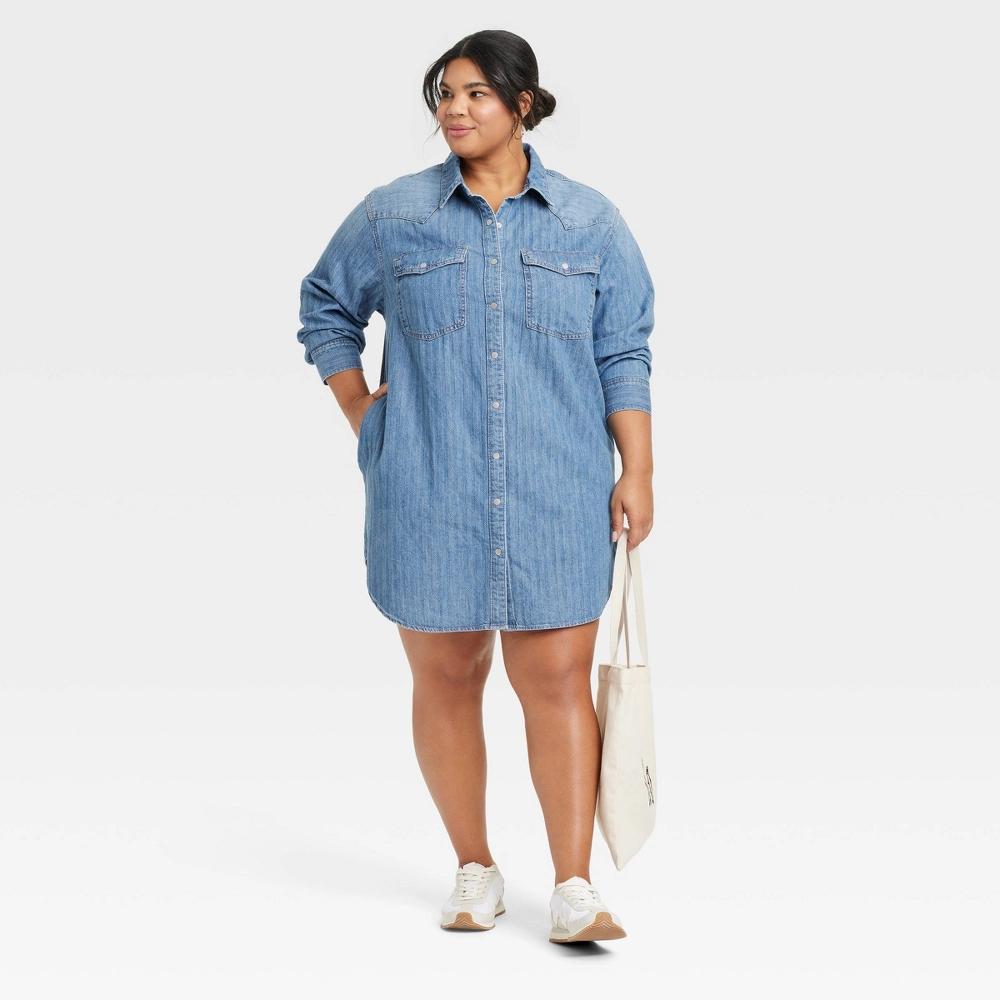 Women's Western Shirtdress - Universal Thread™ Medium Wash XXL: Denim Mini Dress, Long Sleeve, Button Down Product Image
