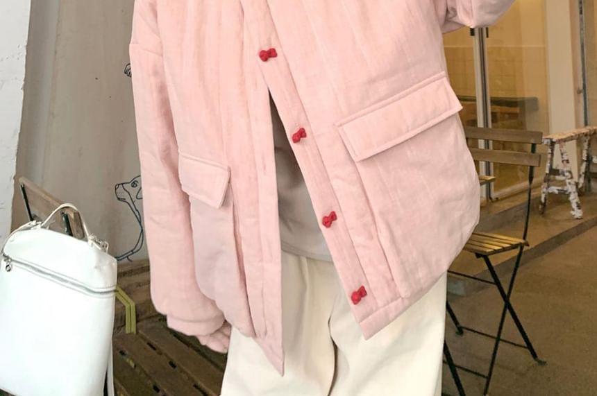 Long-Sleeve Stand Collar Plain Tee / Frog Buttoned Jacket / High Rise Wide Leg Pants Product Image