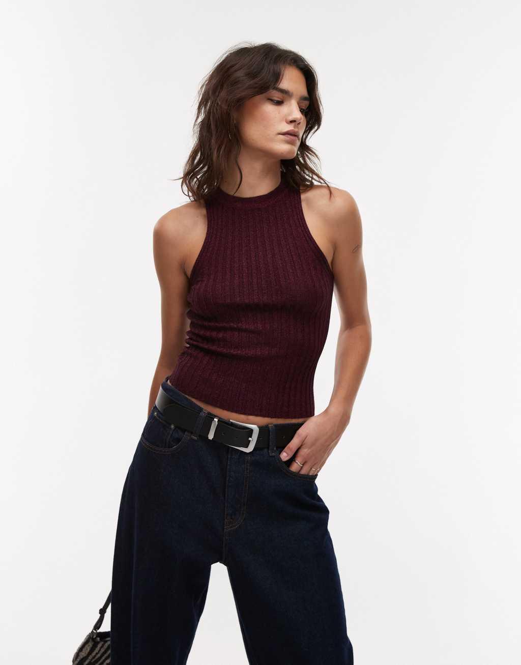 Mango shimmer knit sleeveless top in burgundy Product Image