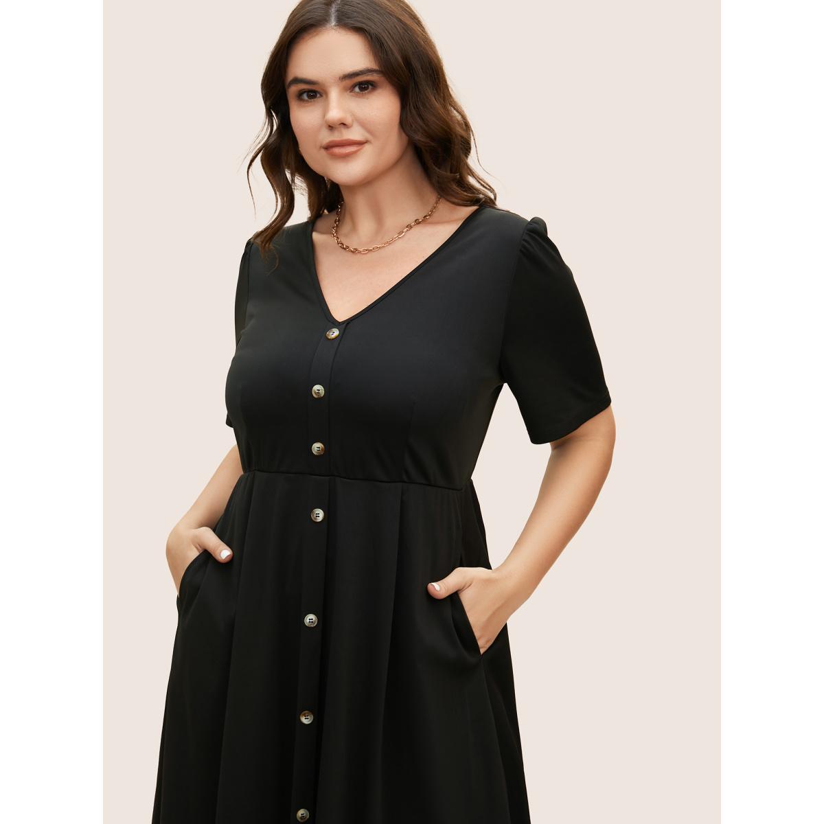 Plus Size V Neck Button Detail Elastic Waist Midi Dress Black Women At the Office Button V-neck Short sleeve Curvy BloomChic 18-20/2X Product Image