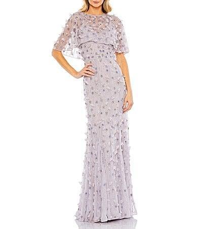 Mac Duggal Beaded Floral Illusion Short Cape Sleeve Sheath Gown Product Image