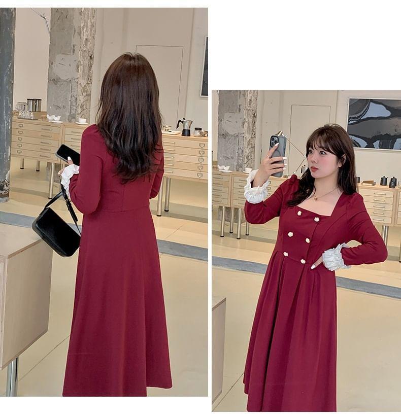 Plus Size Long-Sleeve Square Neck Double-Breasted Frill Trim Midi A-Line Dress Product Image