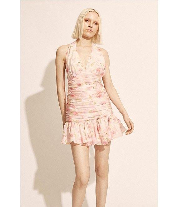 Bardot Mave Floral Print V-Neck Sleeveless Halter Back Tie Ruched Fit and Flare Mini Dress Product Image