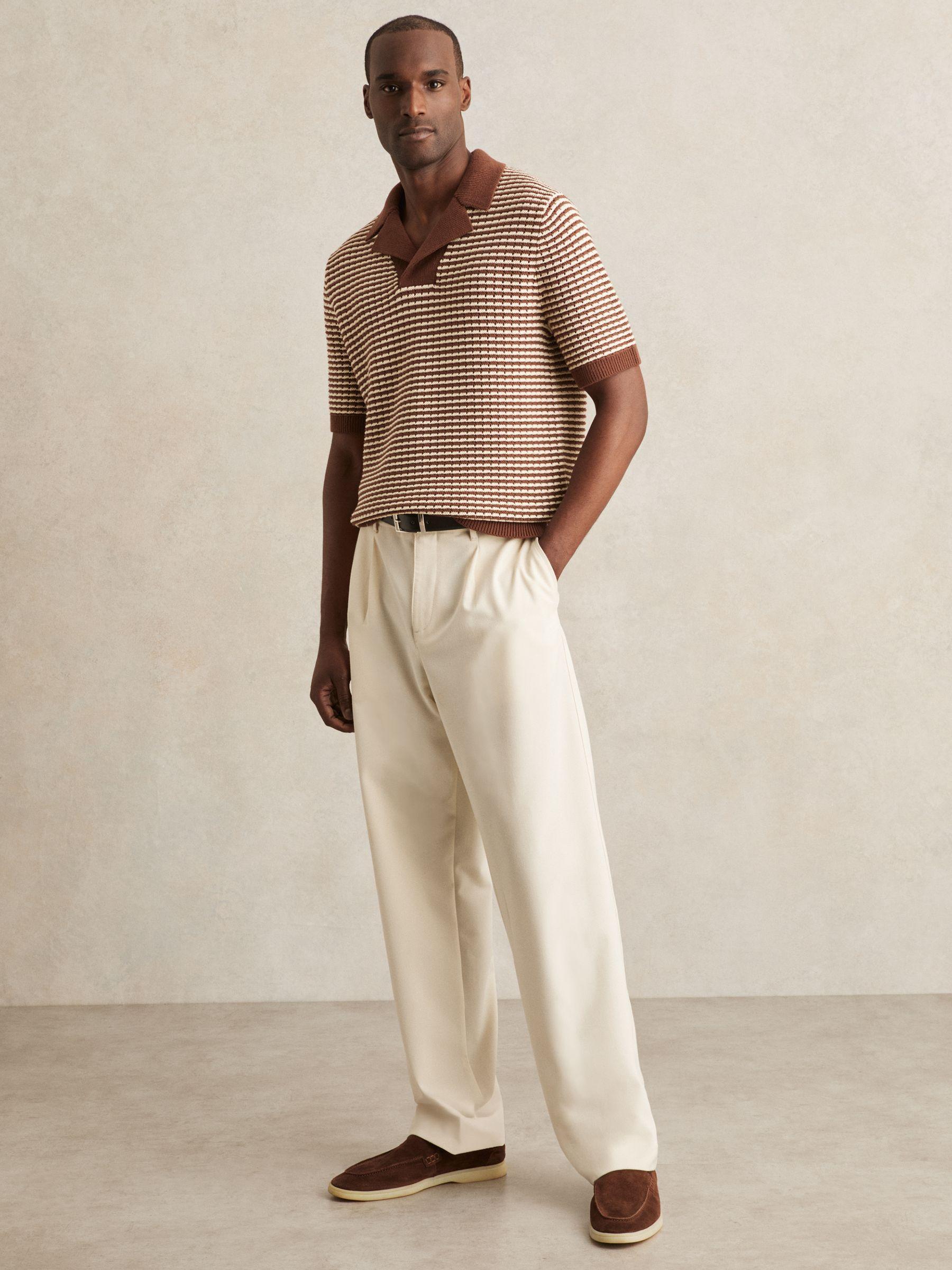Cotton Textured Knit Stripe Polo Shirt in Tobacco Brown/ Off White Product Image