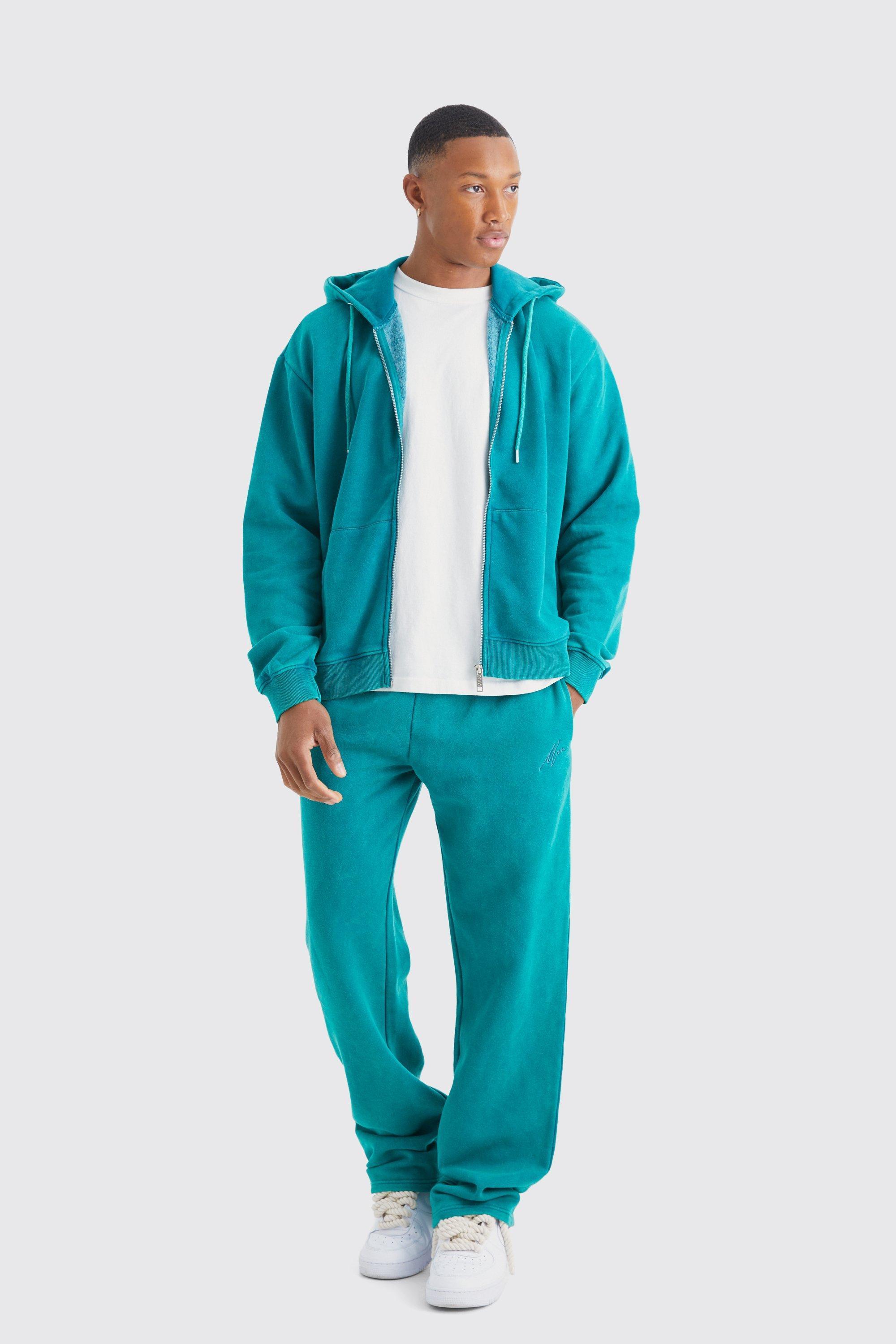 Mens Green Oversized Man Boxy Zip Hooded Washed Tracksuit, Green Product Image