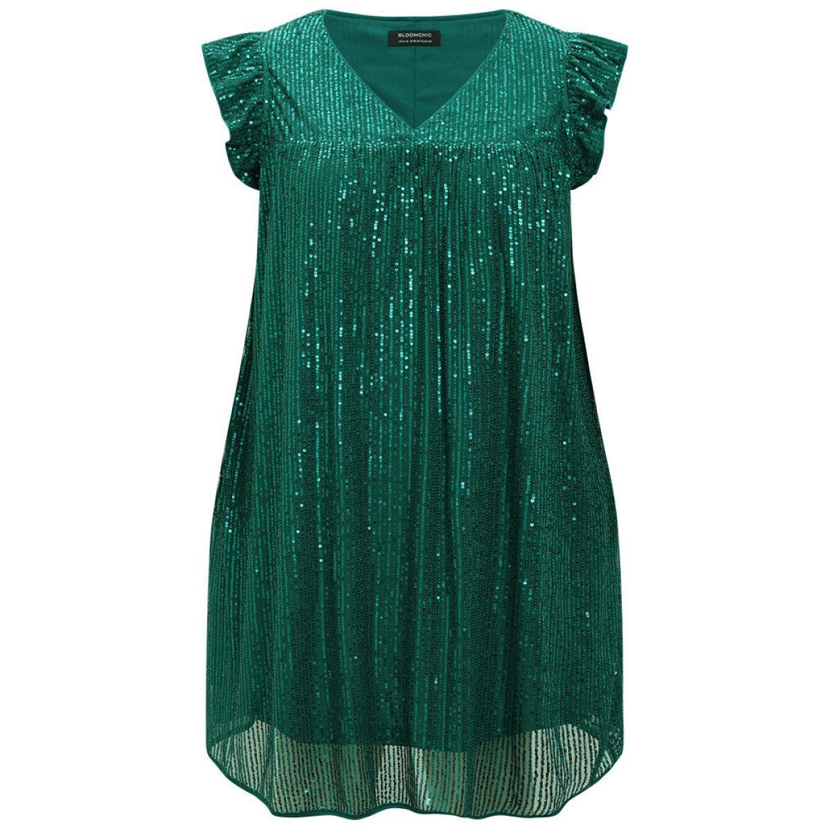 Plus Size Sequin Mesh Pocket Cap Sleeve Ruffle Trim Dress Emerald Women Party Plain V-neck Half Sleeve Curvy Knee Dress BloomChic 28/5X Product Image