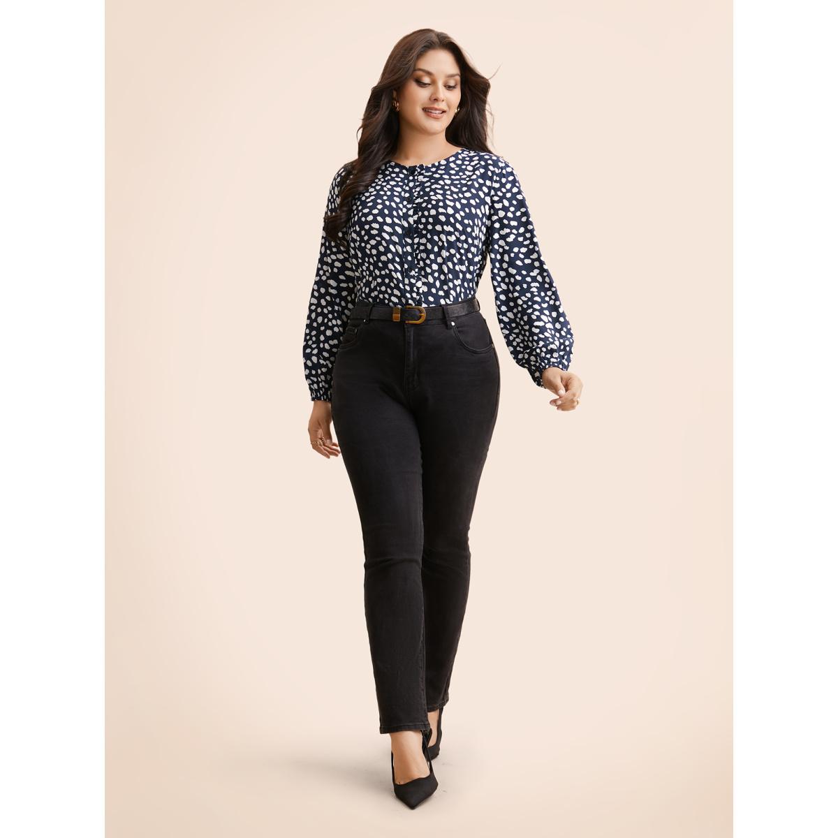 Plus Size Indigo Leopard Print Ruffles Lantern Sleeve Blouse Women Elegant Long Sleeve Round Neck Everyday Blouses BloomChic 28/5X Product Image