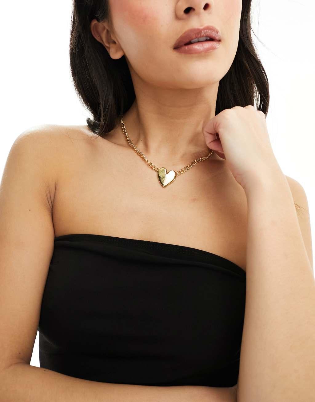 ASOS DESIGN 14k gold plated necklace with curb chain and hammered heart design Product Image