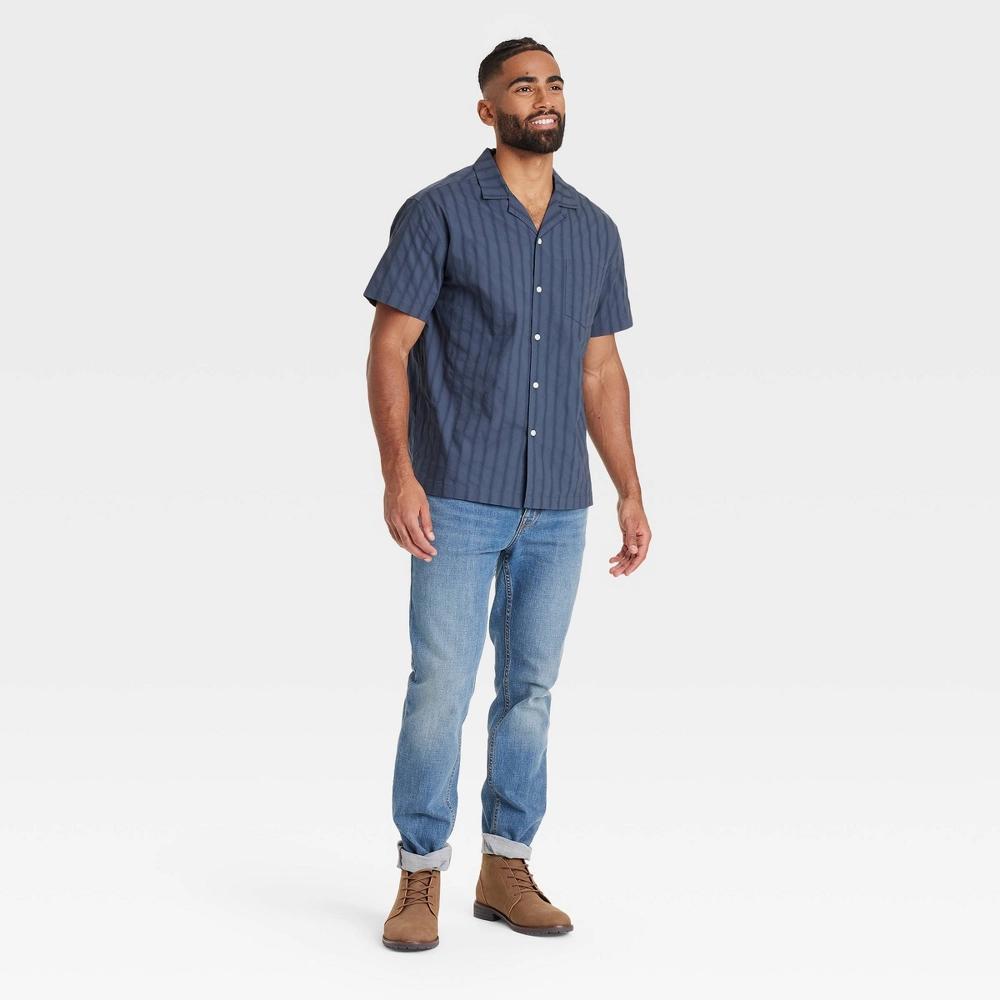 Men's Striped Short Sleeve Button-Down Shirt - Goodfellow & Co™ Navy Blue M: Front Pocket Product Image