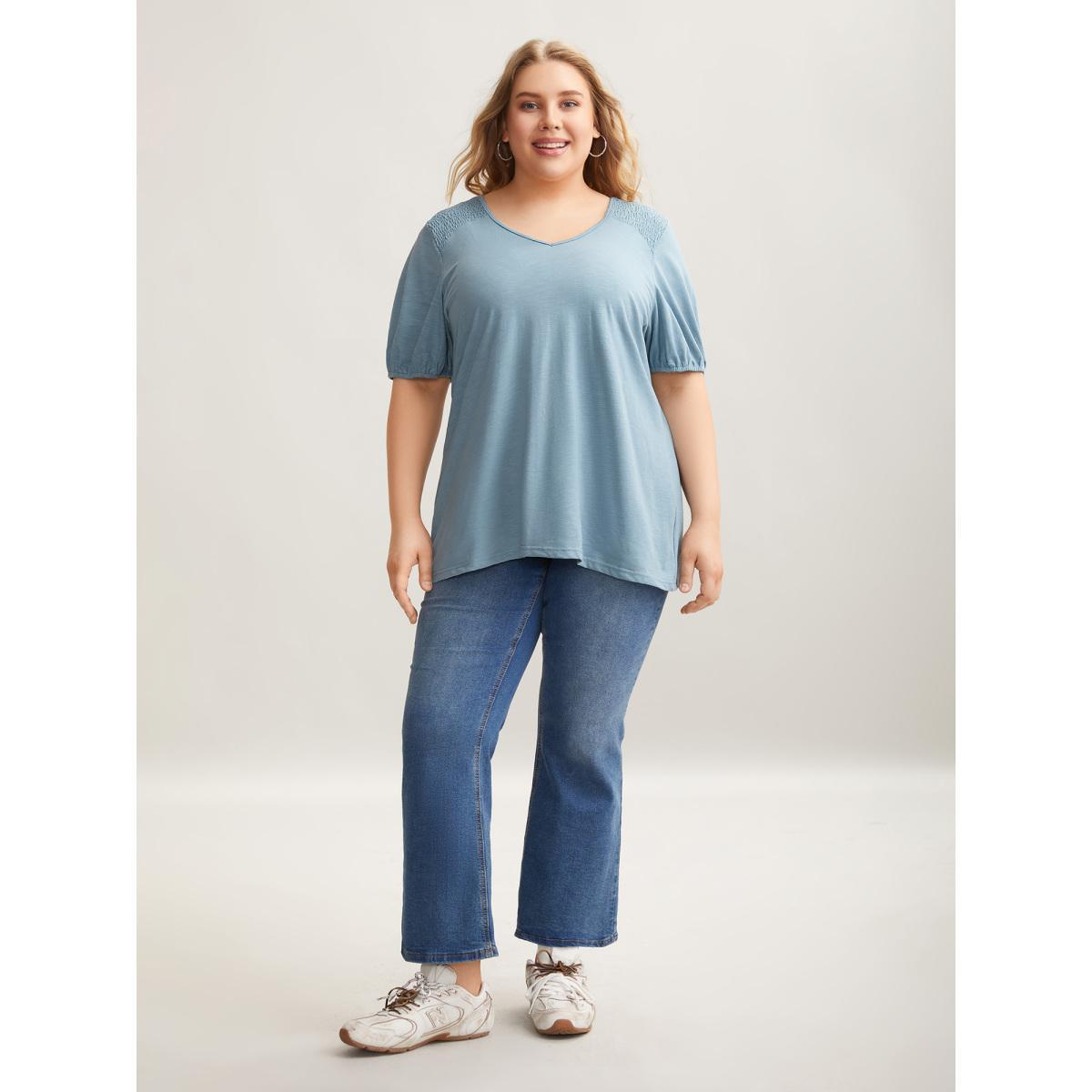 Plus Size Bamboo Shirred Shoulder V-Neck T-Shirt Stone Women Casual Shirred V-neck Everyday T-shirts BloomChic 22-24/3X Product Image