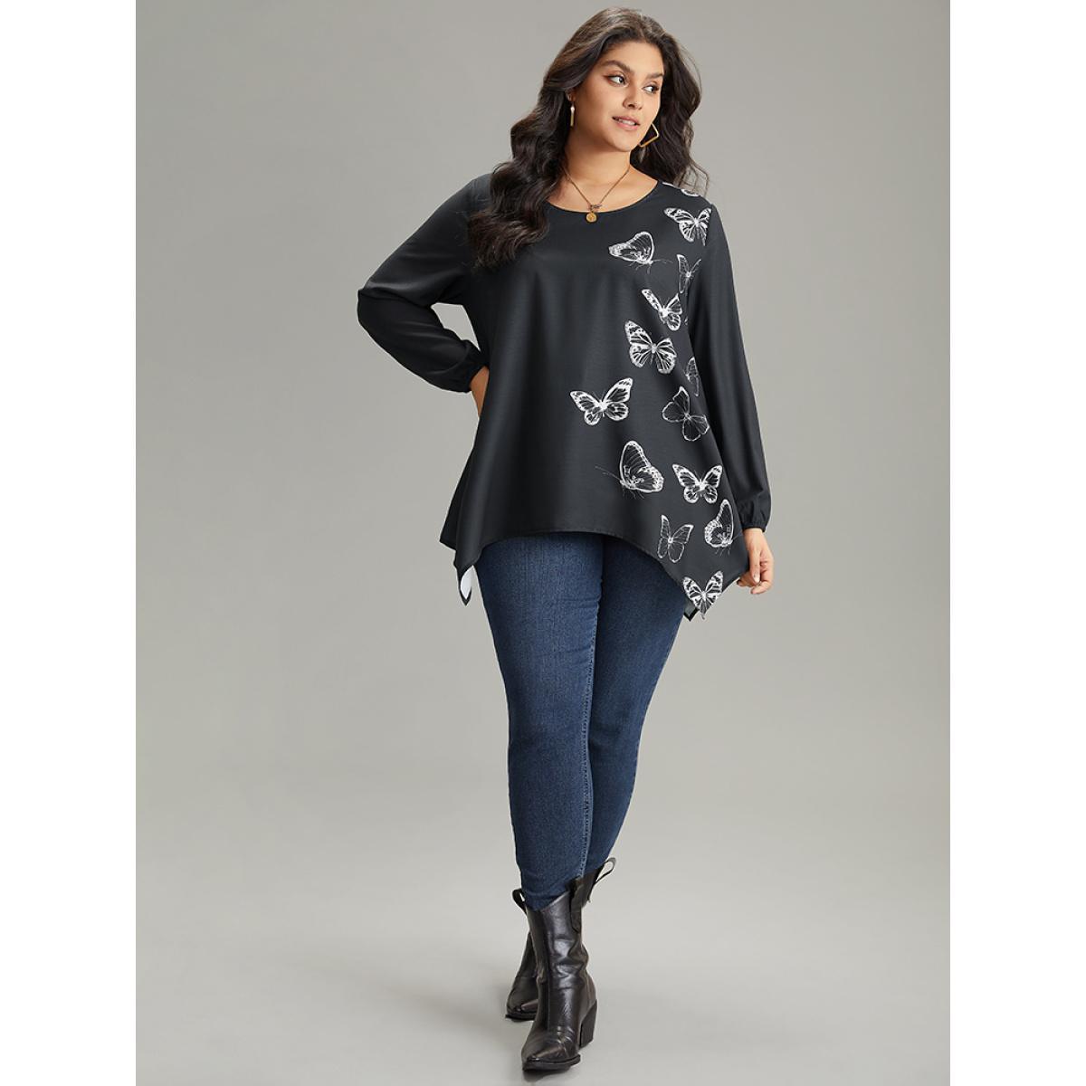 Plus Size Black Butterfly Crew Neck Lantern Sleeve Hanky Hem Blouse Women Elegant Long Sleeve Round Neck Work Blouses BloomChic 30/6X Product Image