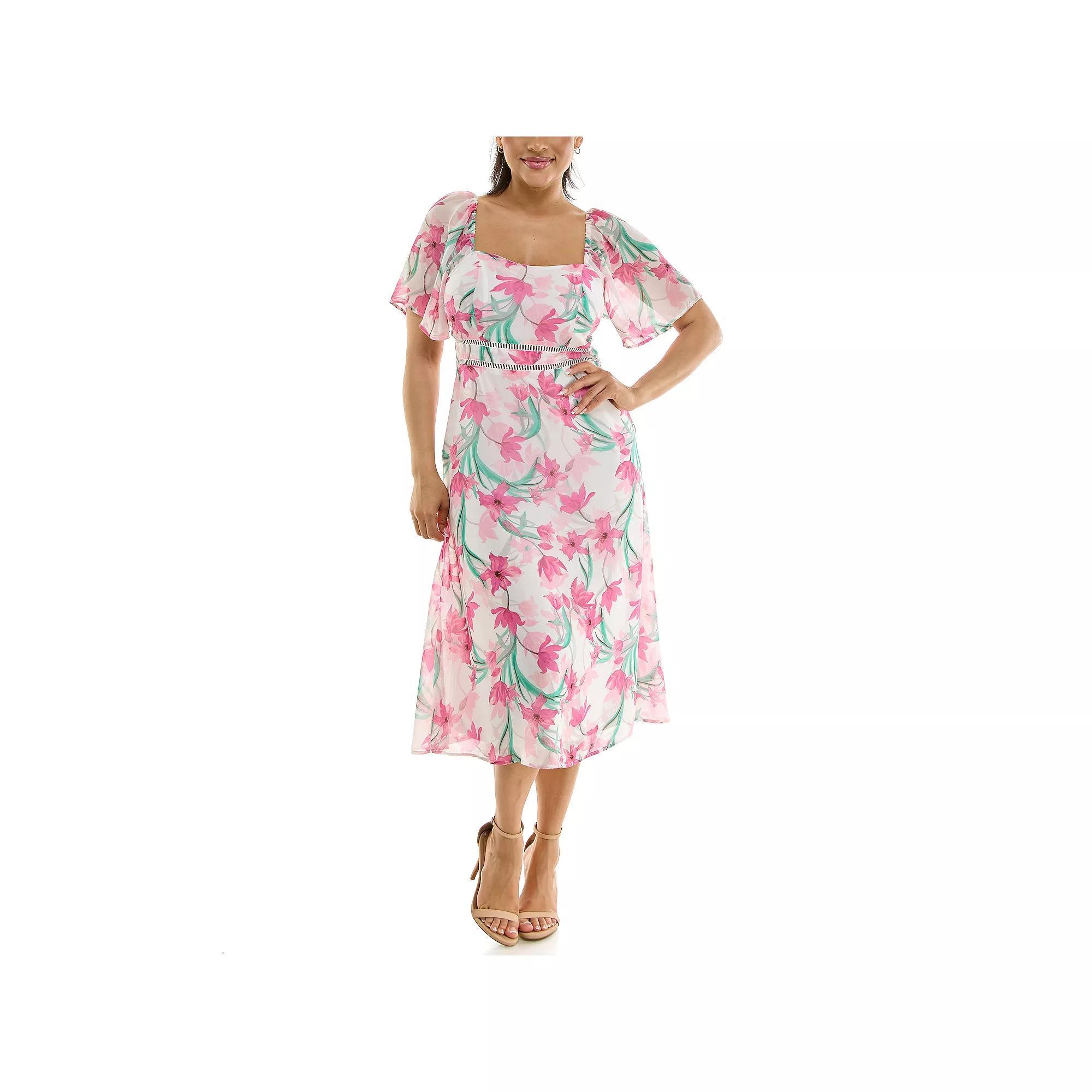 Womens Nina Leonard Floral Flutter Sleeve Sweetheart Neck Dress Product Image