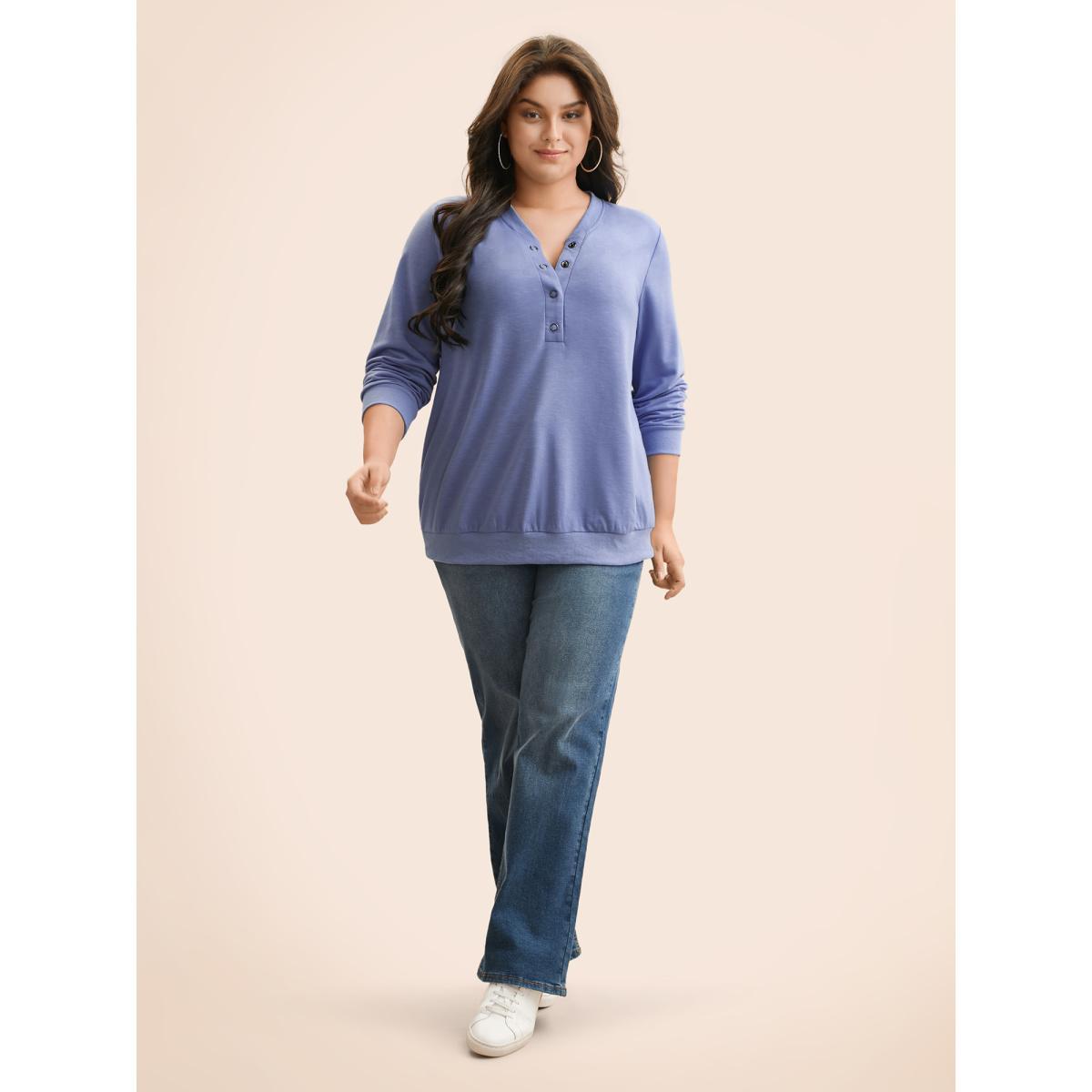 Plus Size Plain Notched Collar Button Up Sweatshirt Women Bluepurple Casual Patchwork Notched collar Everyday Sweatshirts BloomChic 28/5X Product Image