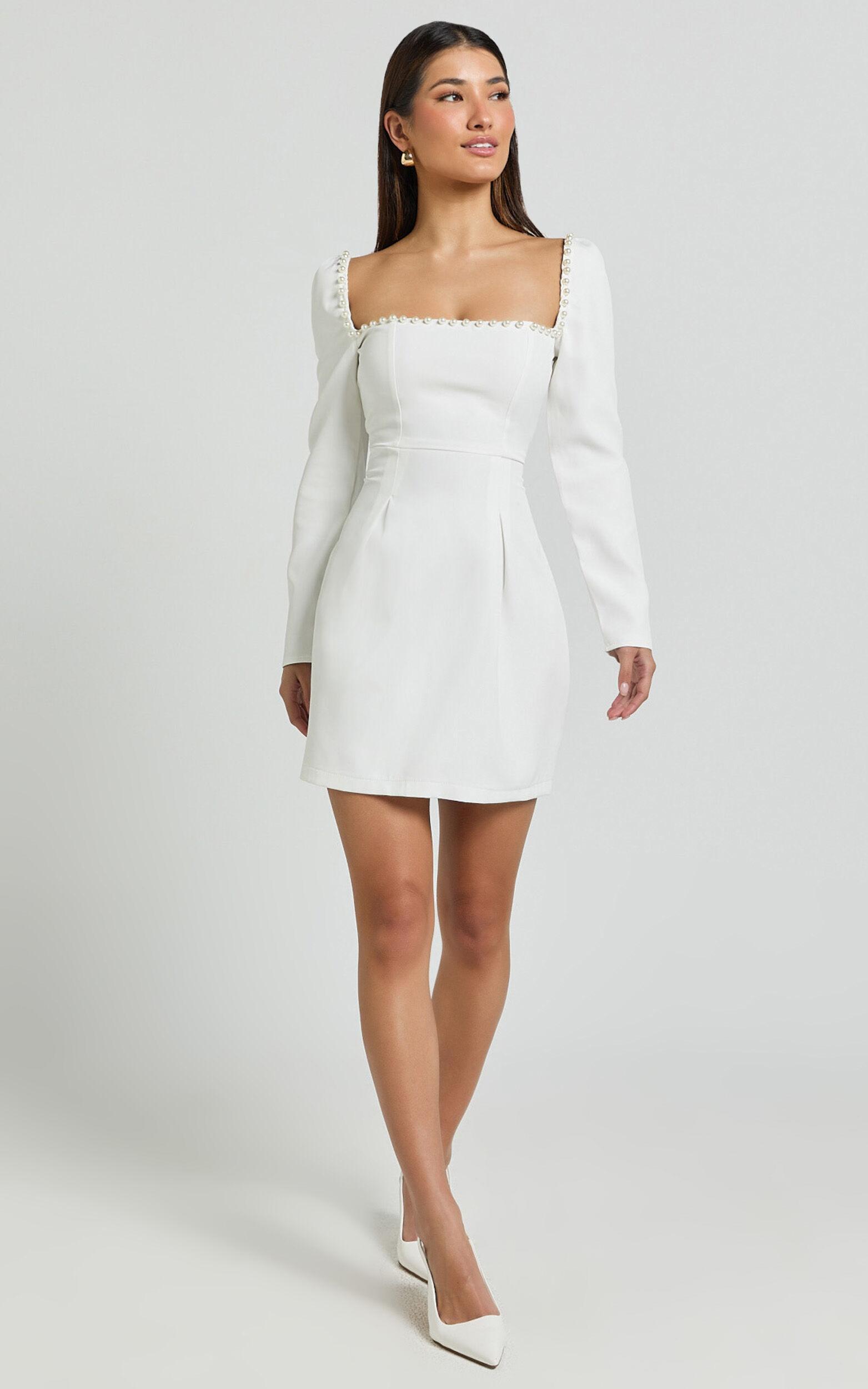 Edelyn Mini Dress - Square Neck Long Sleeve A Line Dress in White Product Image