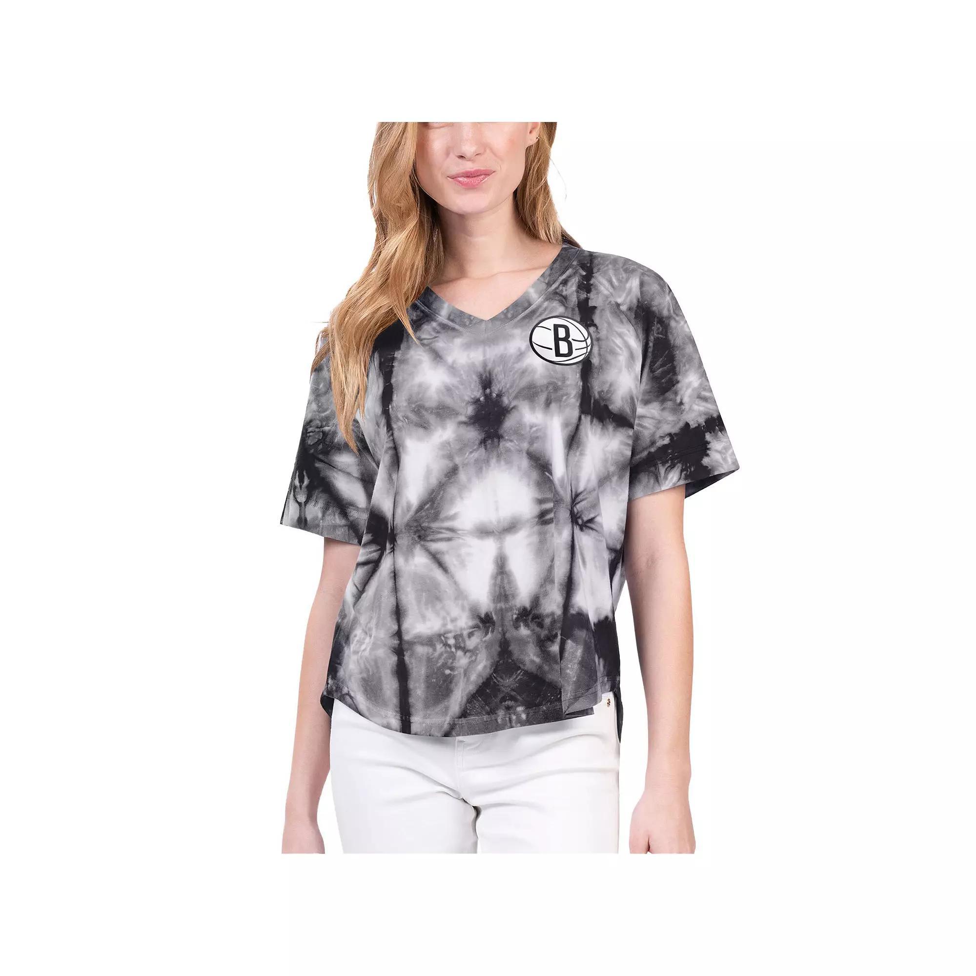 Women's G-III 4Her by Carl Banks Black Brooklyn Nets Tournament Raglan Oversized Tie-Dye V-Neck T-Shirt, Size: Medium Product Image