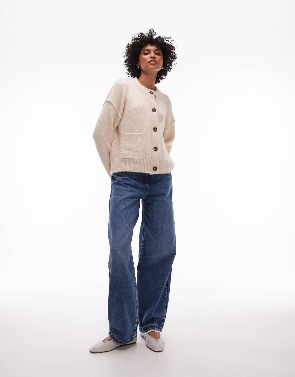 Topshop knit relaxed exposed seam crew cardigan with pockets in cream Product Image