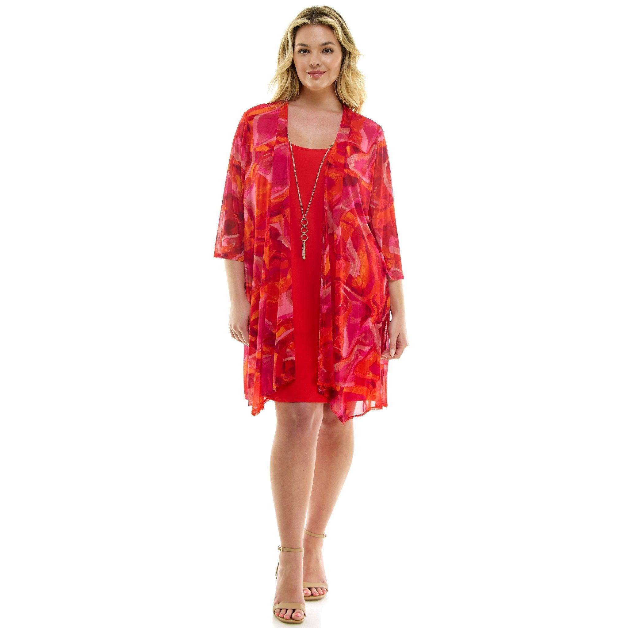 Sara Michelle Magenta Floral 3/4 2Fer Tank Dress W/ Necklace - Plus Product Image