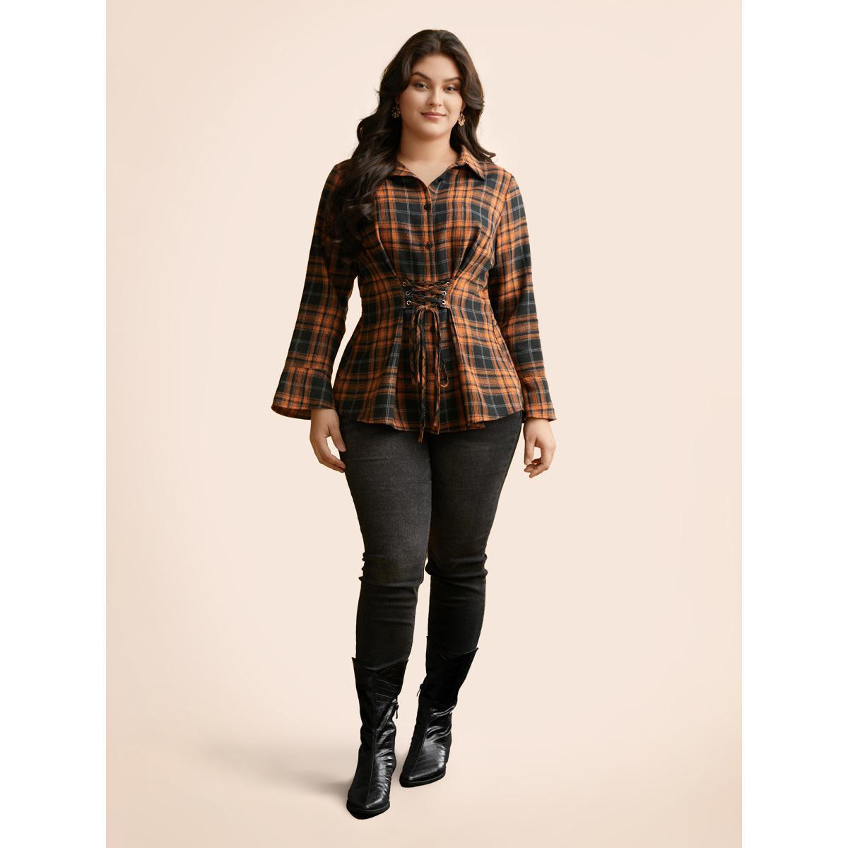 Plus Size OrangeRed Corset Plaid Waist-Cinching Blouse Women Elegant Long Sleeve Shirt collar Everyday Blouses BloomChic 30/6X Product Image