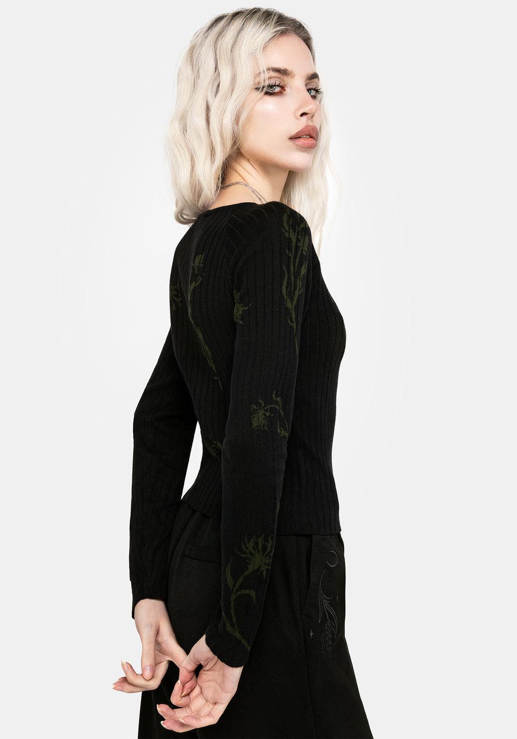 Diastella Floral Jacquard Rib Knit Raglan Sleeve Top - Black Product Image
