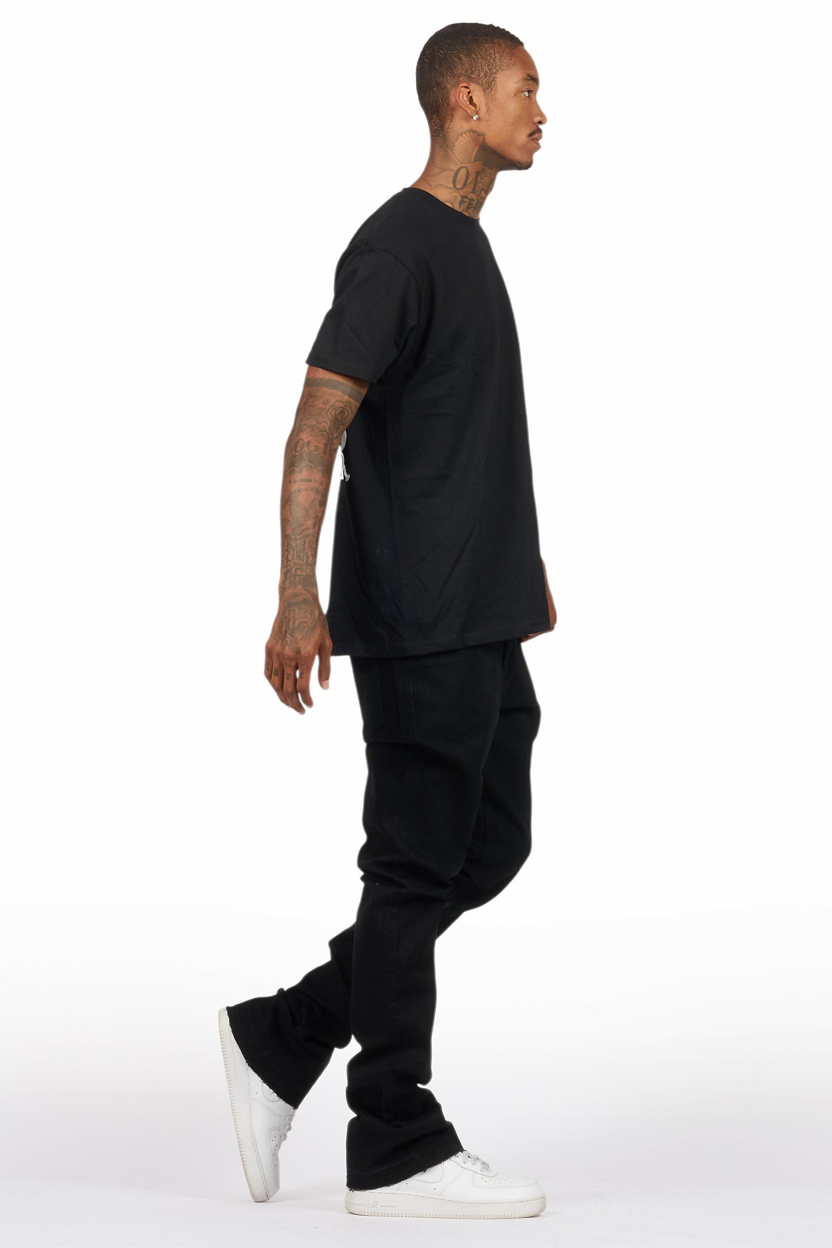 Drako Black/White Oversized Graphic T-Shirt/Dag Stacked Flare Jean Set Male Product Image