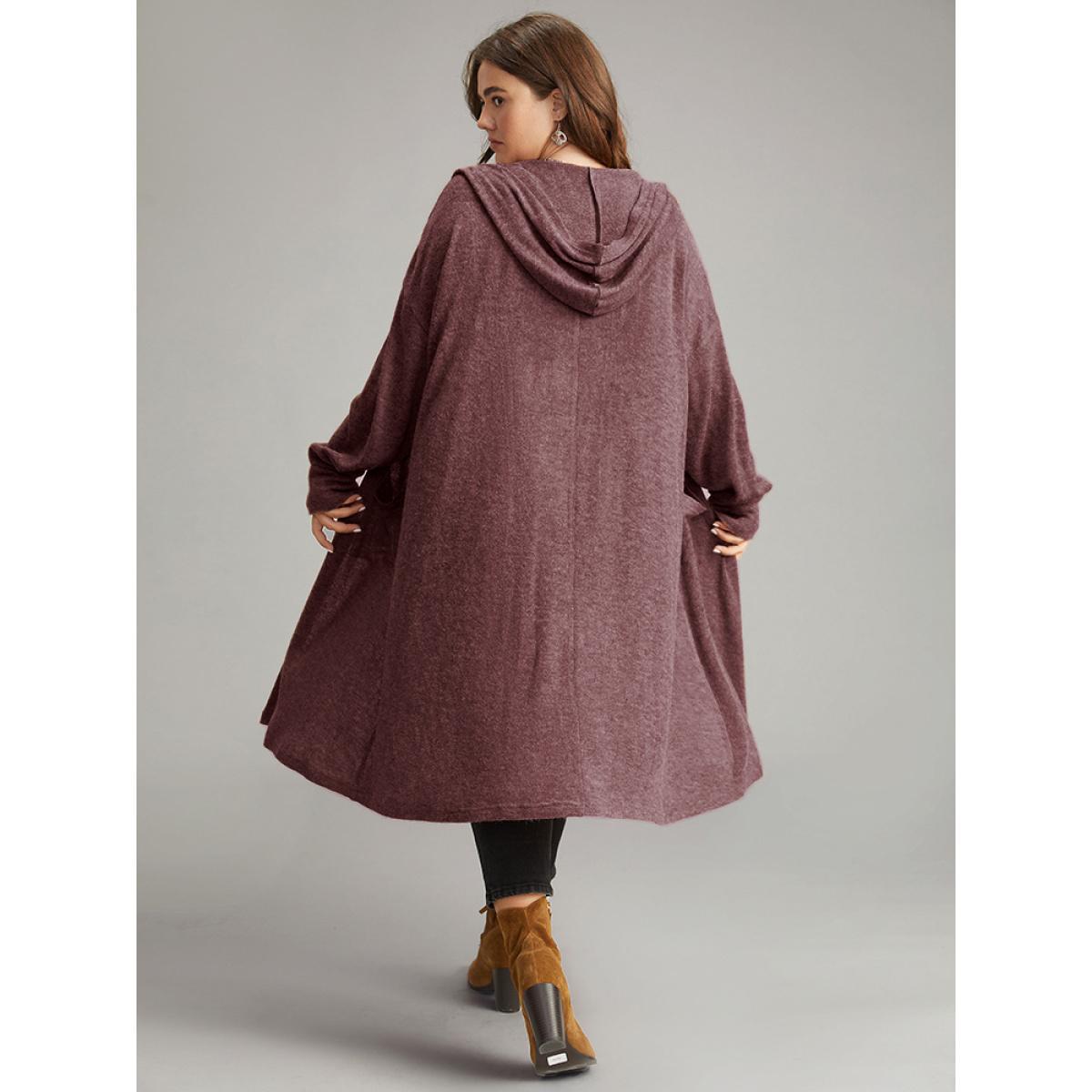 Plus Size Plain Hooded Pocket Open Front Kimono Women Eggplant Casual Texture Pocket Dailywear Kimonos BloomChic 30/6X Product Image