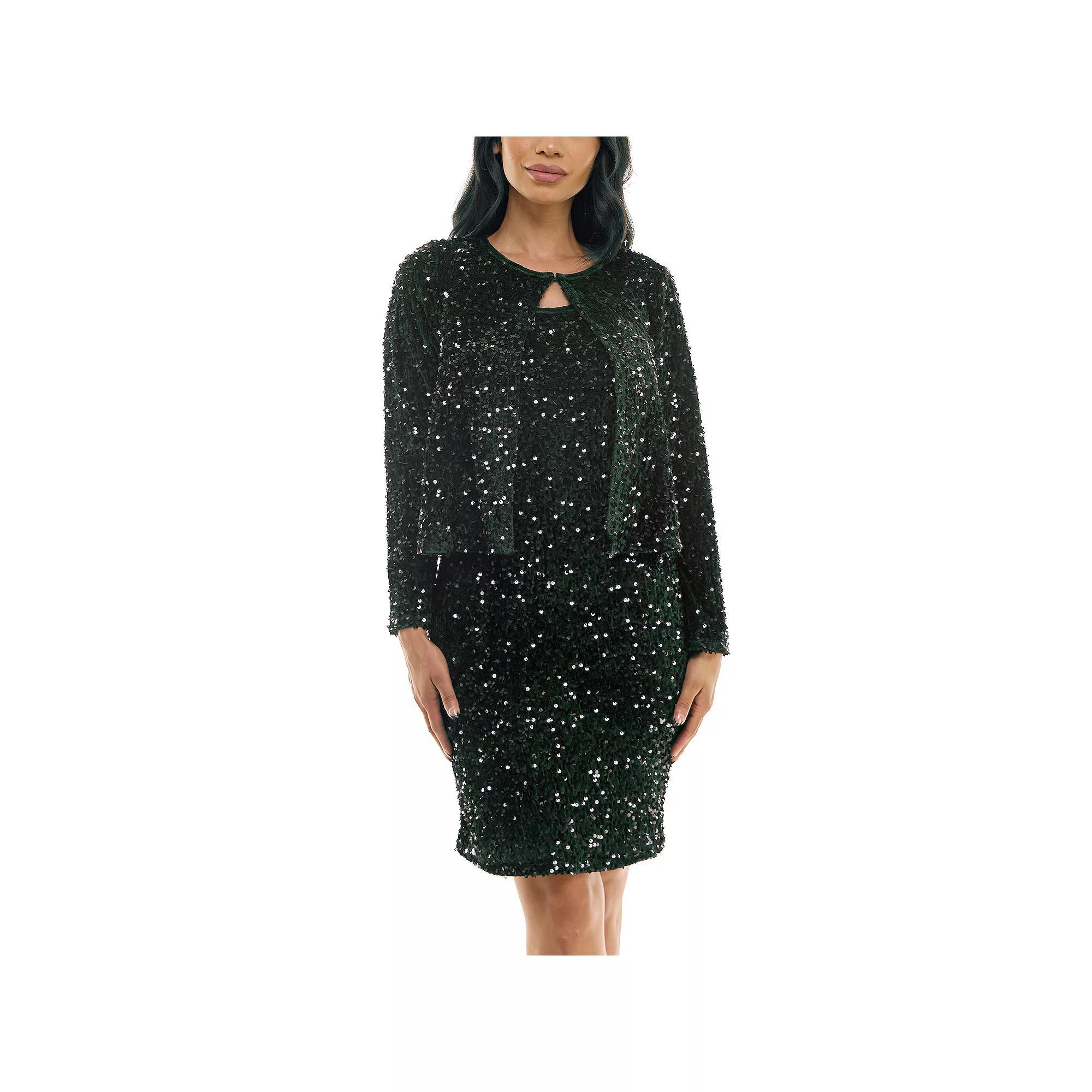 Women's Nina Leonard Sequin Mesh Cardigan & Sequin Sheath Dress Set, Size: Medium, Green Product Image