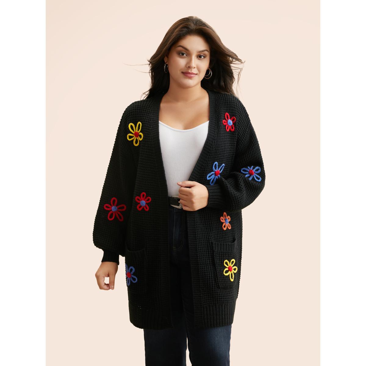 Plus Size Crochet Floral Puff Sleeve Pocket Cardigan Black Women Casual Loose Long Sleeve Everyday Cardigans BloomChic 14-16/1X Product Image