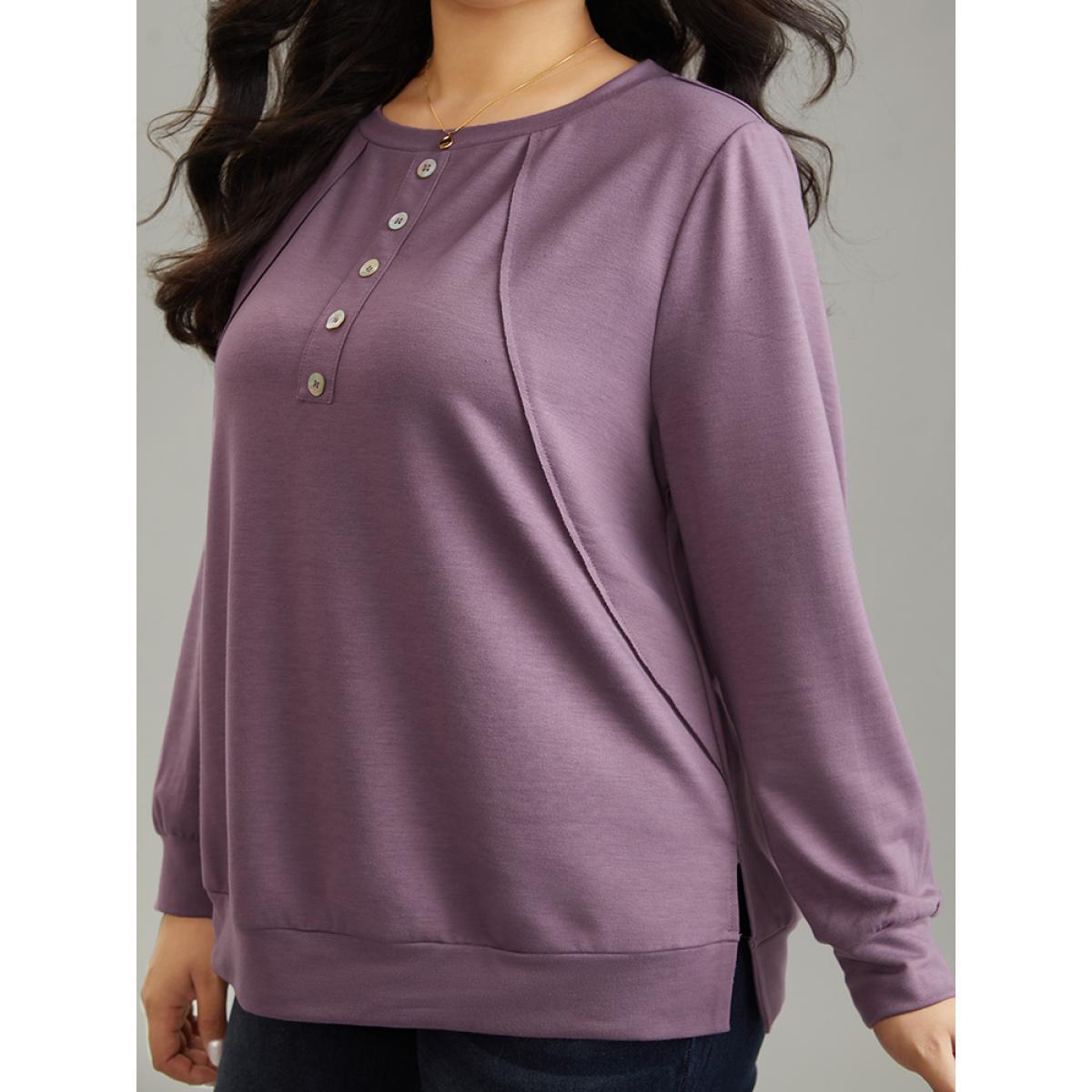 Plus Size Plain Button Detail Round Neck Knit Sweatshirt Women Mauve Casual Plain Round Neck Everyday Sweatshirts BloomChic 12/L Product Image